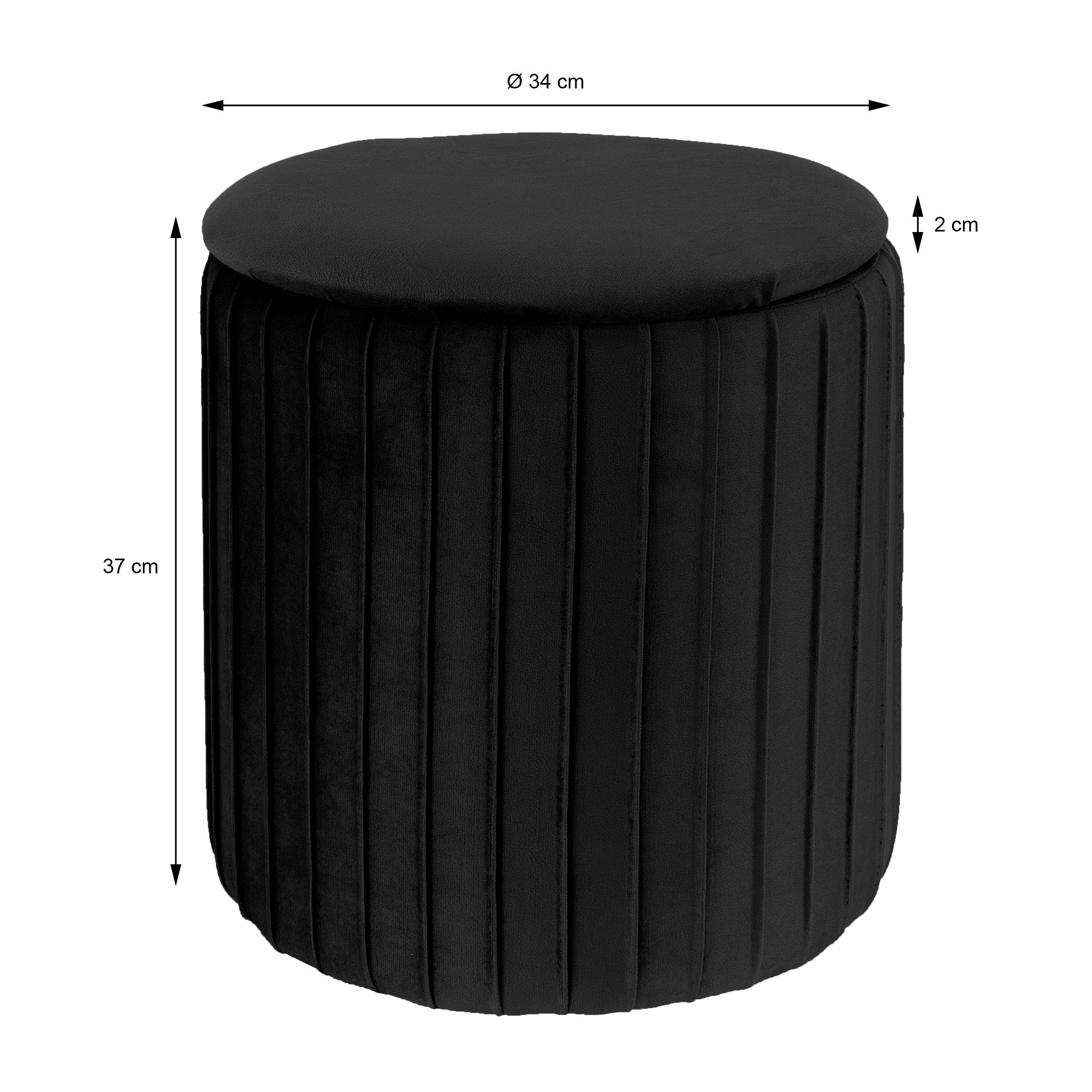 Černý kulatý taburet s průměrem 34 cm a výškou 37 cm.
