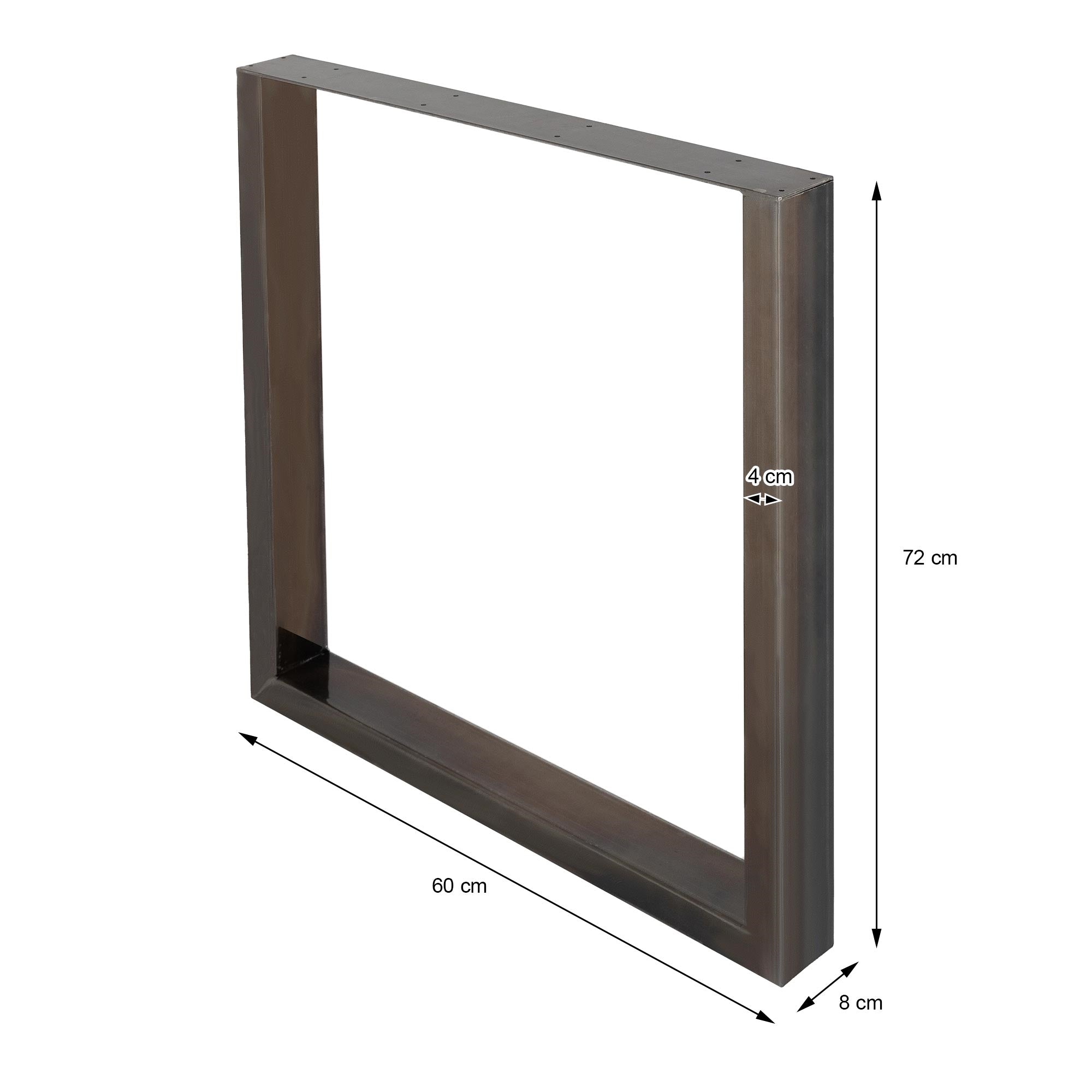 Rechteckiger Tischrahmen mit Maßen: 60 cm x 72 cm x 8 cm und 4 cm.