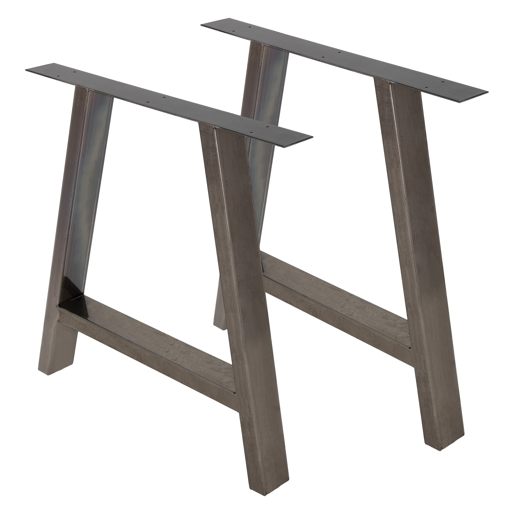 Zwei Metallgestelle für einen Tisch, in grauer Farbe.