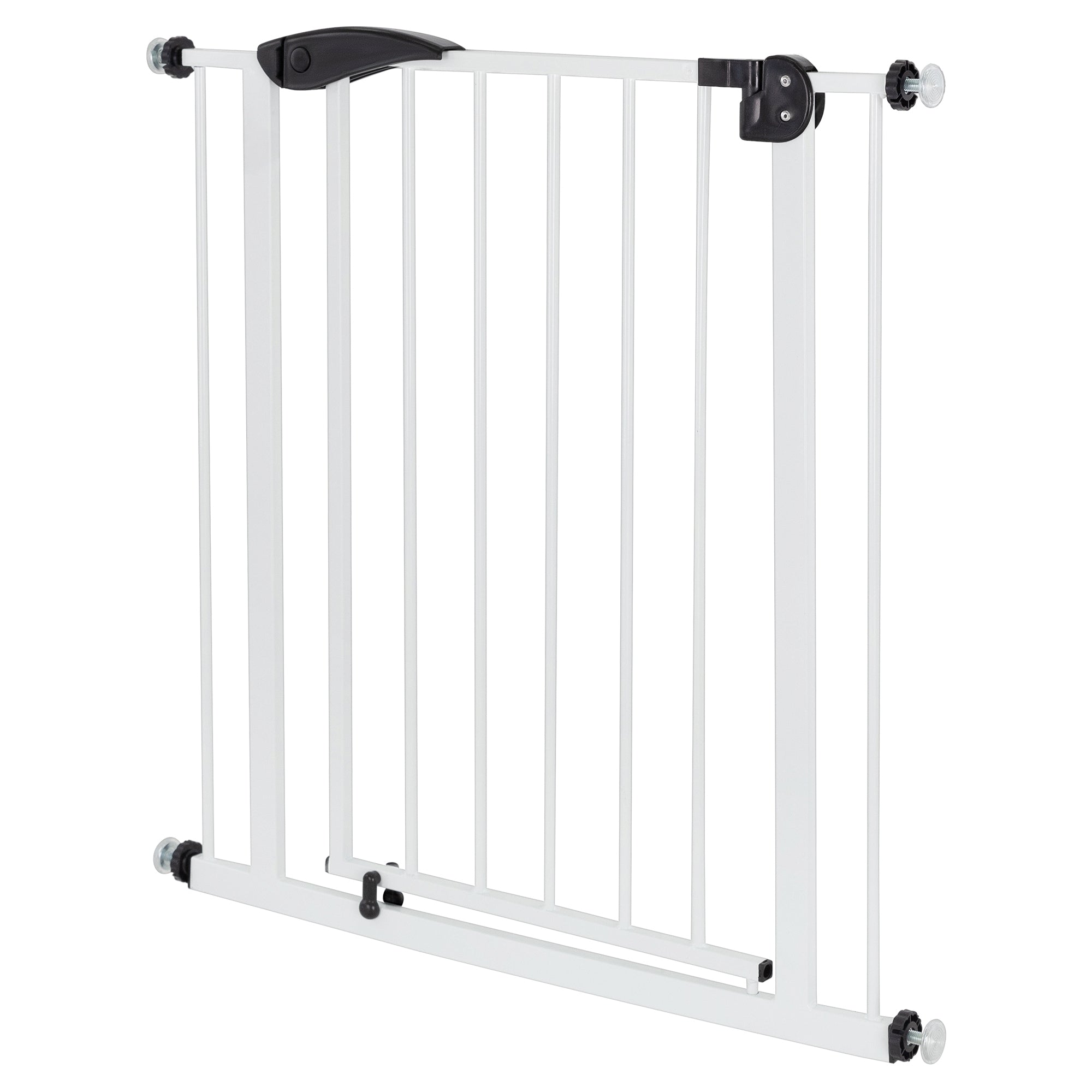 Escalier blanc avec une barrière de protection fermée.