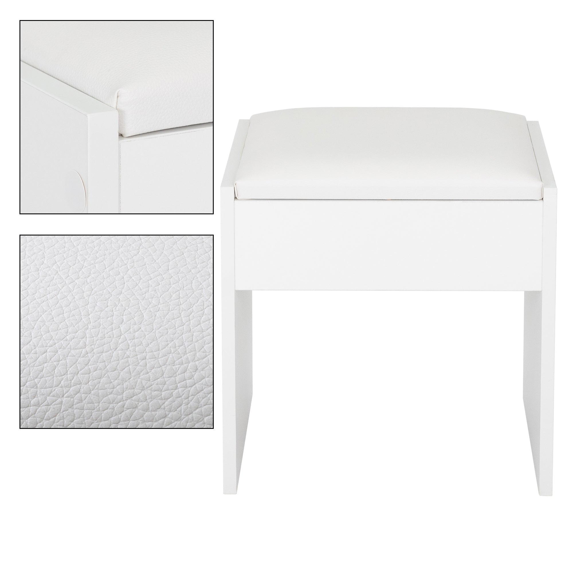 Tabouret blanc avec assise rembourrée et vue de texture.