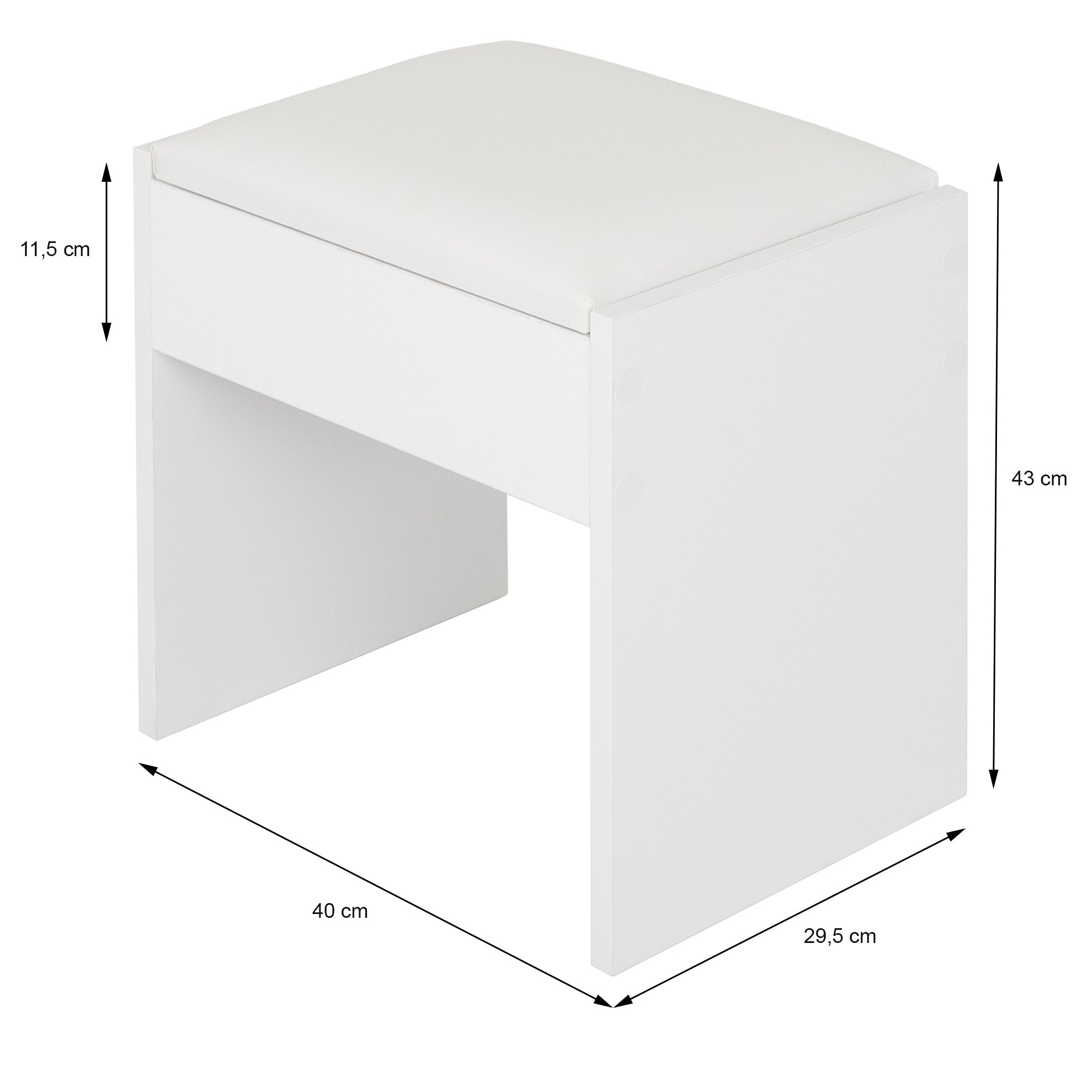 Ein weißer Hocker mit einem gepolsterten Sitz und Maßen in cm.