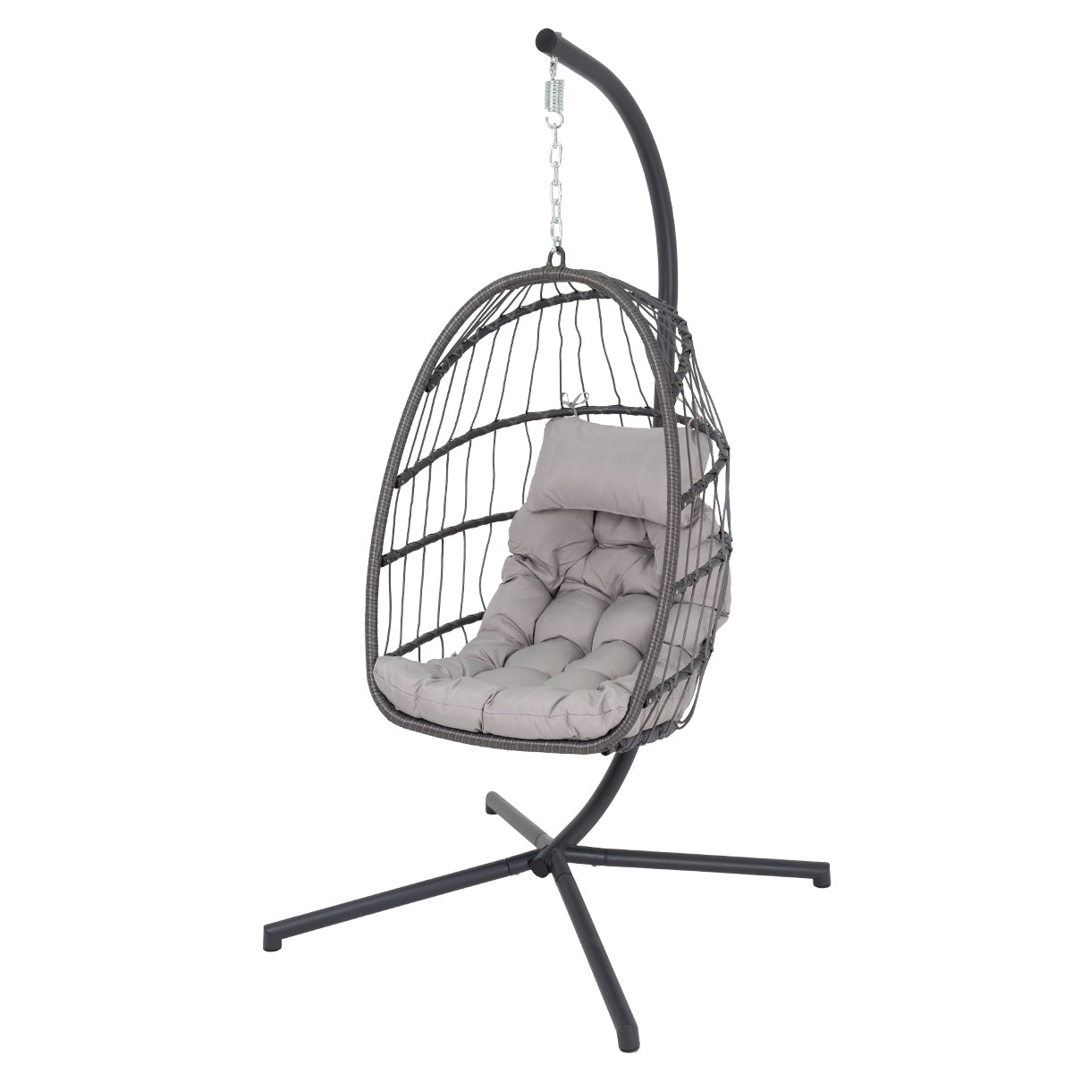 Hanging chair with padded seat and metal frame.