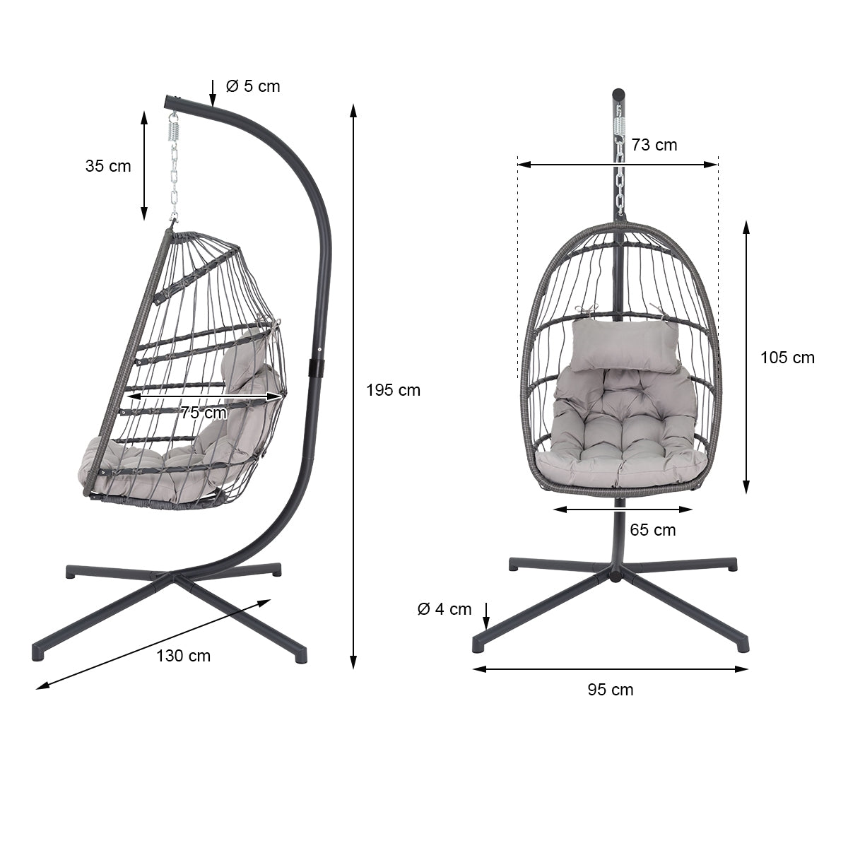 Hanging chair with frame, cushion, and dimensions, in gray color.