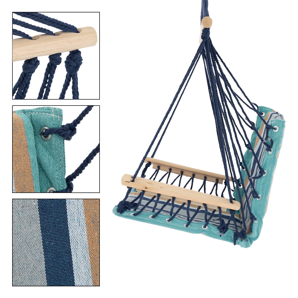Detailaufnahme eines Hängesessels mit Holzleisten und geflochtenem Stoff.