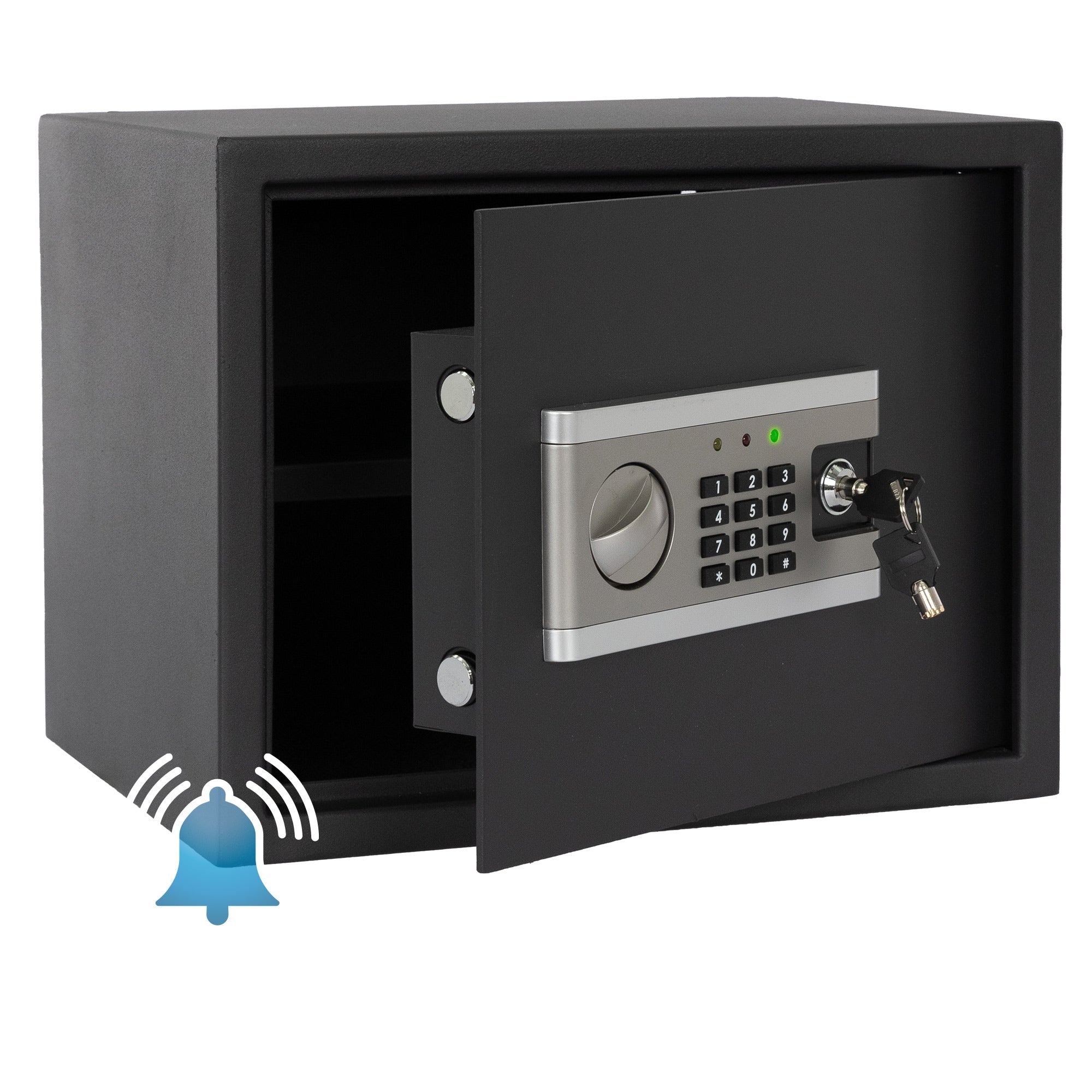 Black safe with open door, combination lock and key.