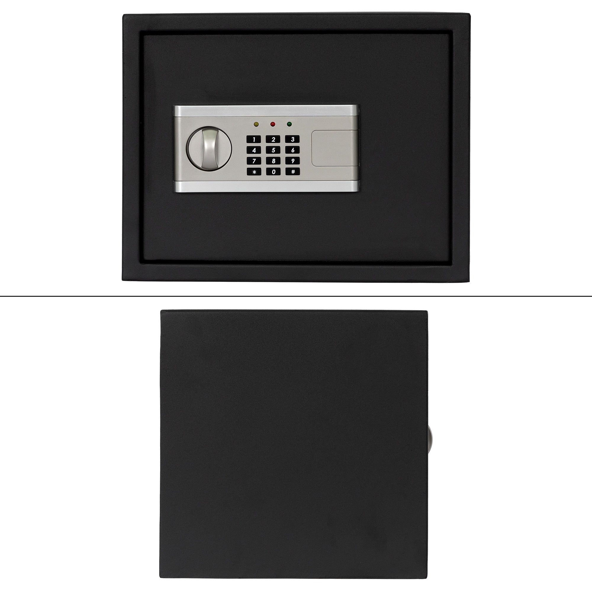 Top view of a black safe with combination lock.