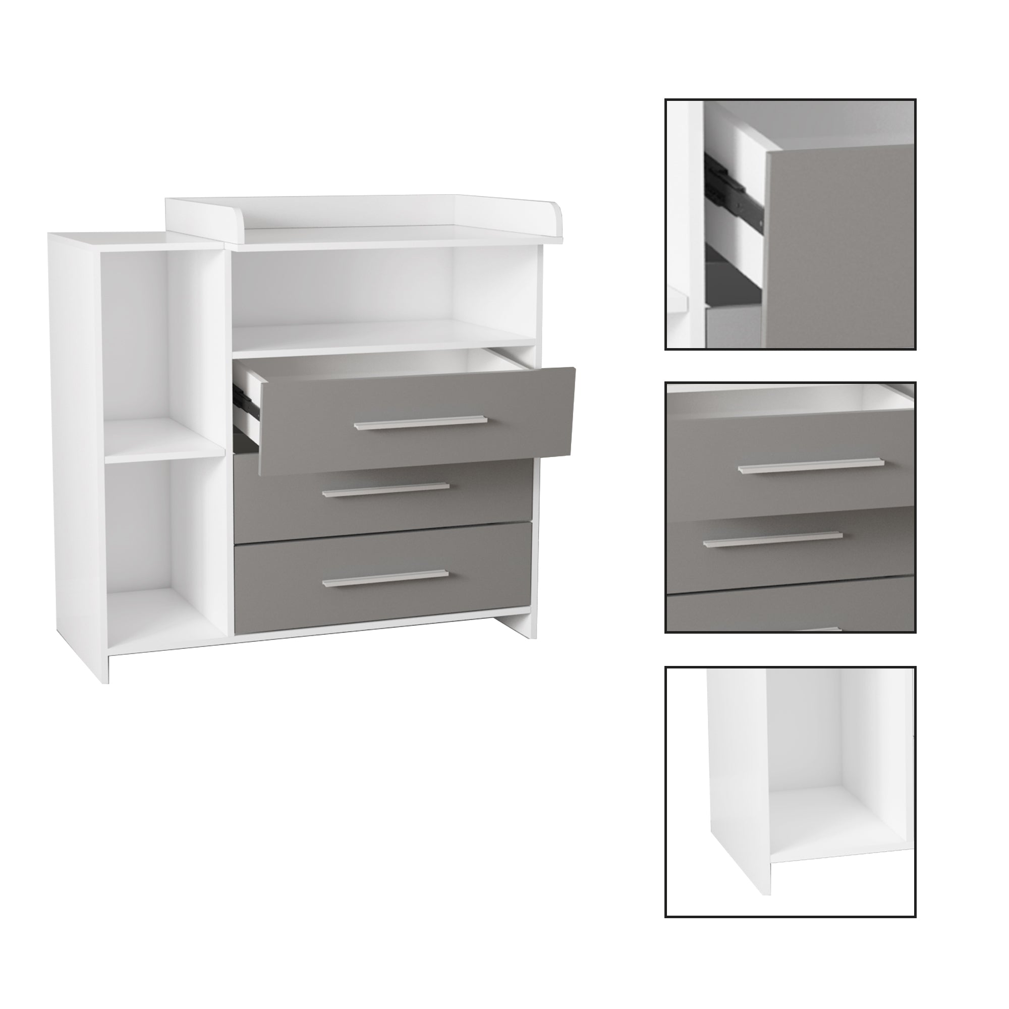 Weißer Schrank mit grauen Schubladen und Regalfächern.