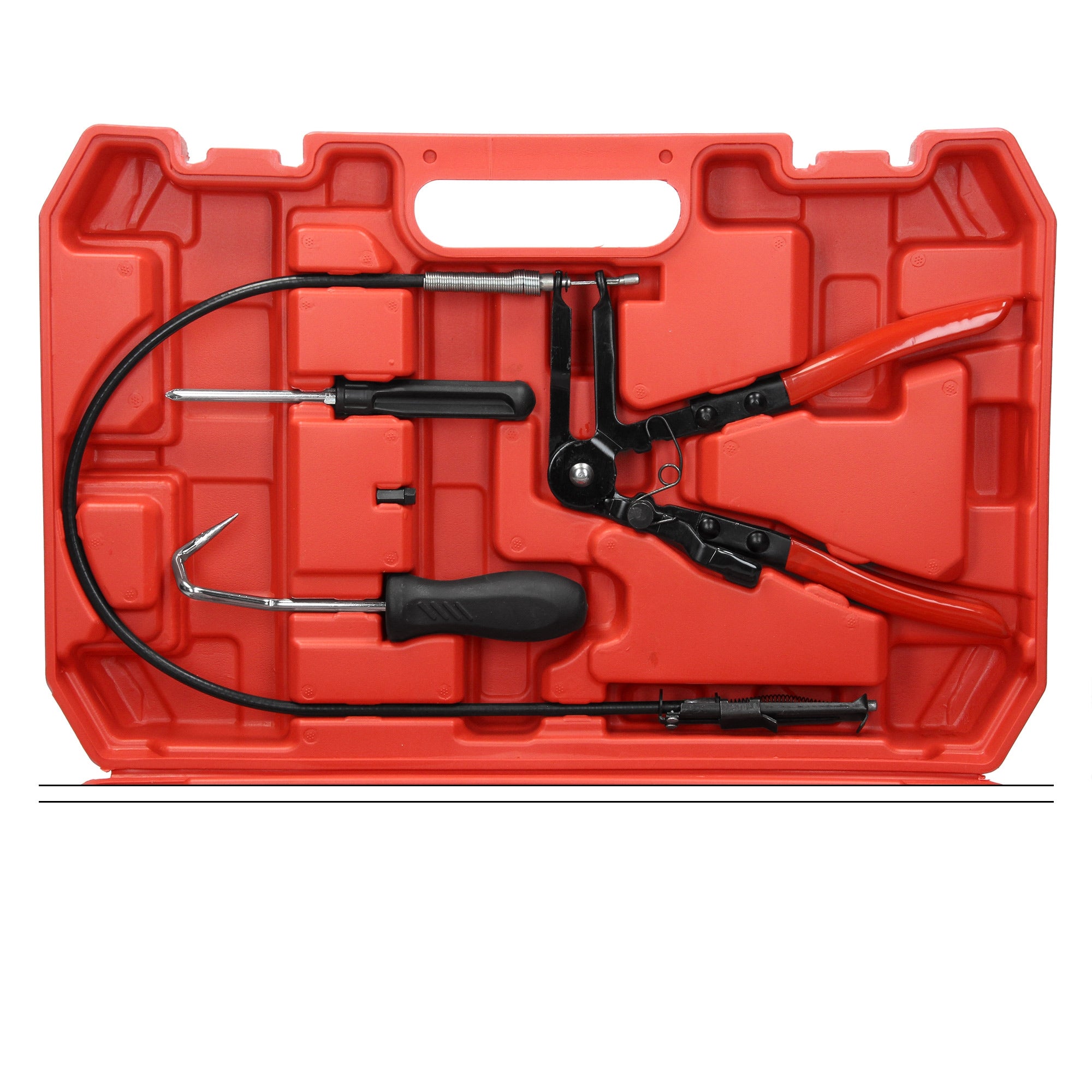 Set di attrezzi in valigetta rossa con vari strumenti.
