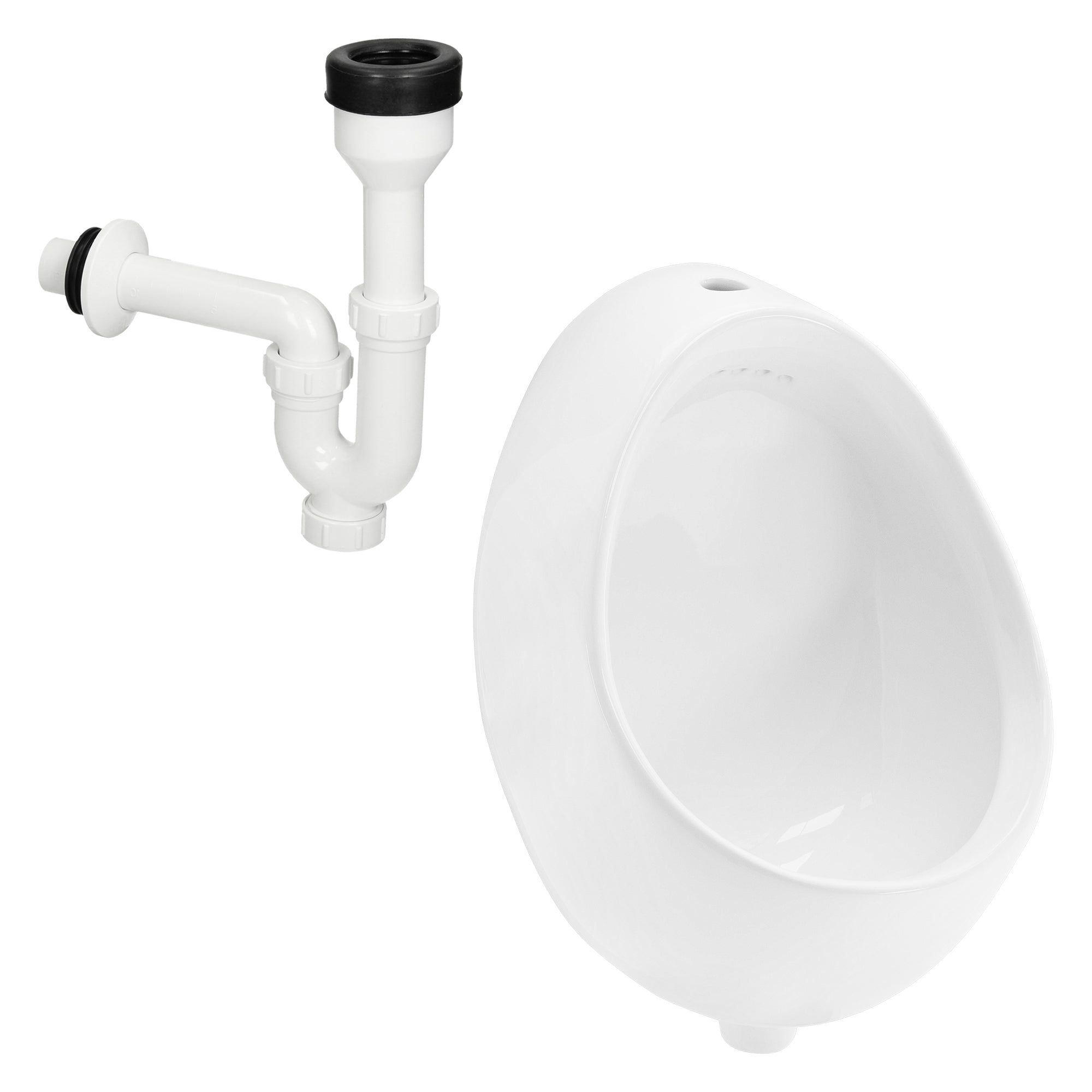 Witte urinoir met sifon, beide delen naast elkaar afgebeeld.