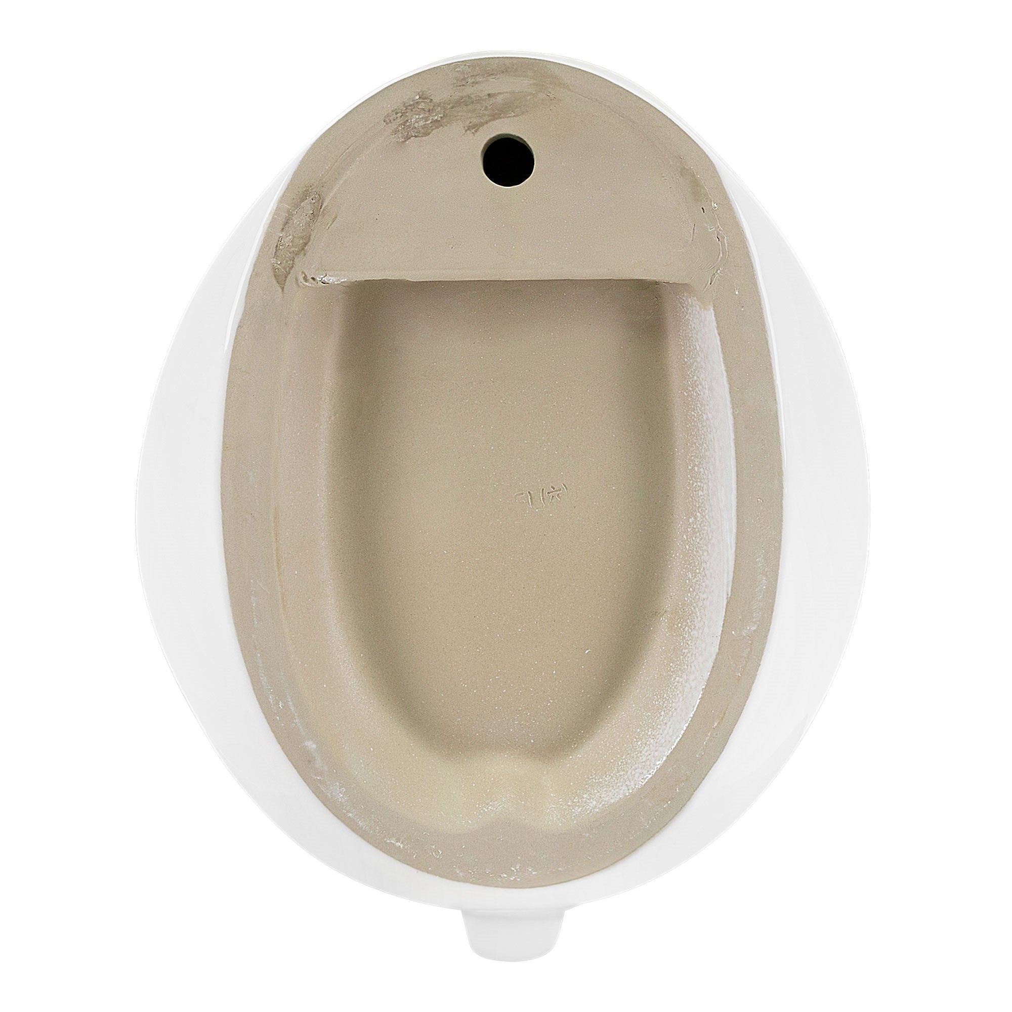 Top view of a white urinal with a smooth interior surface.