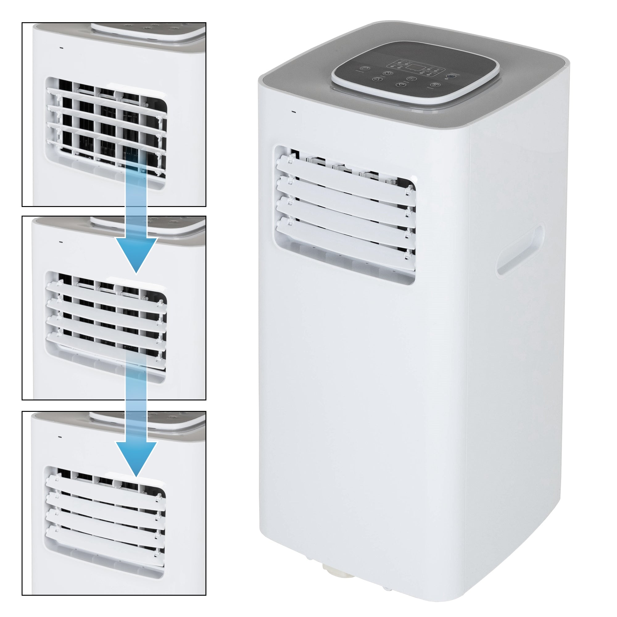 Vue détaillée d'un climatiseur mobile avec grilles de ventilation réglables.