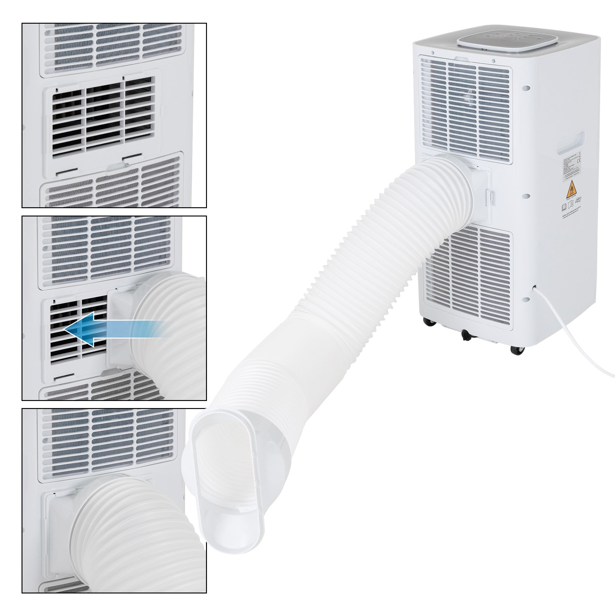 L'arrière d'un climatiseur avec un tuyau d'évacuation et des grilles de ventilation.