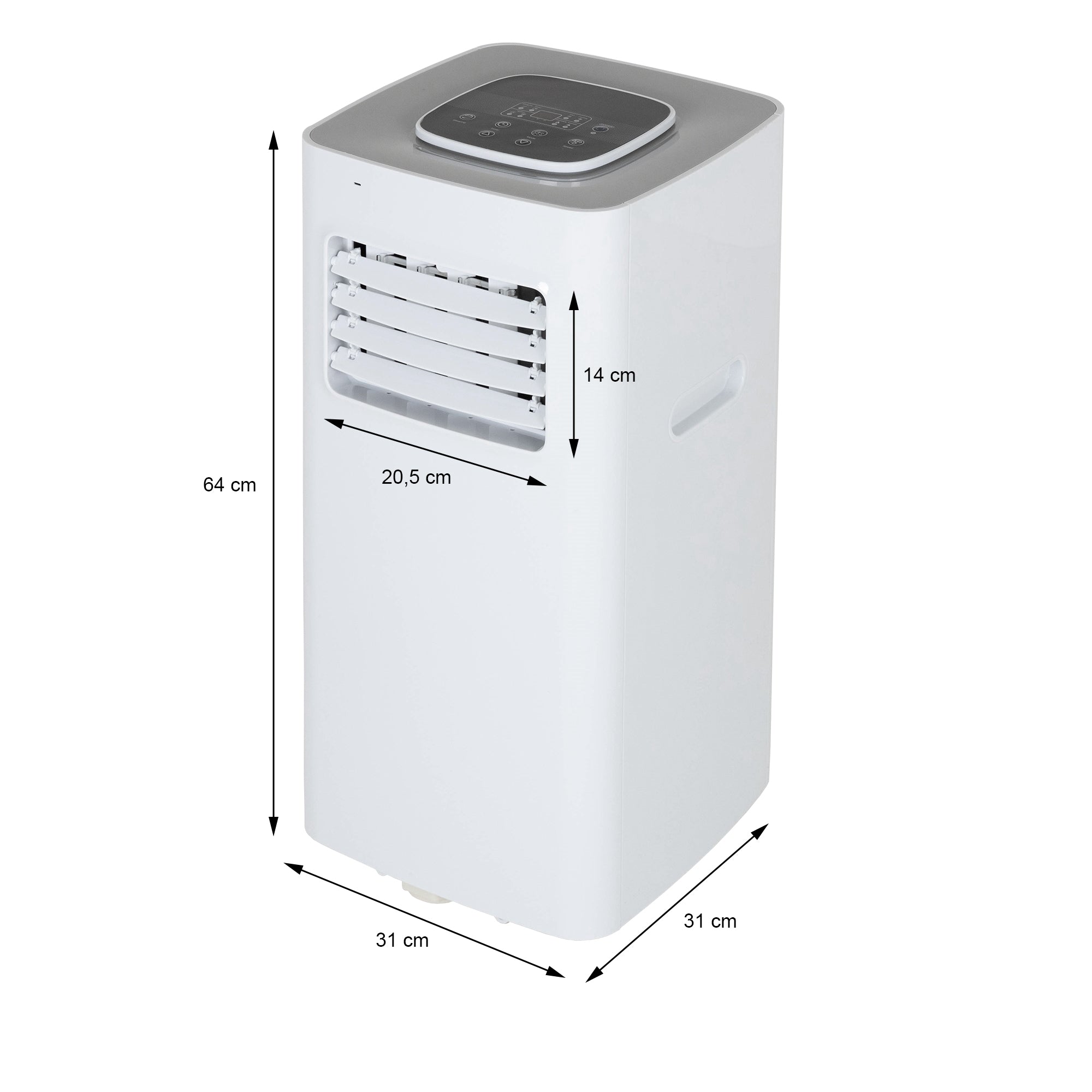 Climatiseur mobile en blanc avec commande en haut et grilles de ventilation à l'avant.