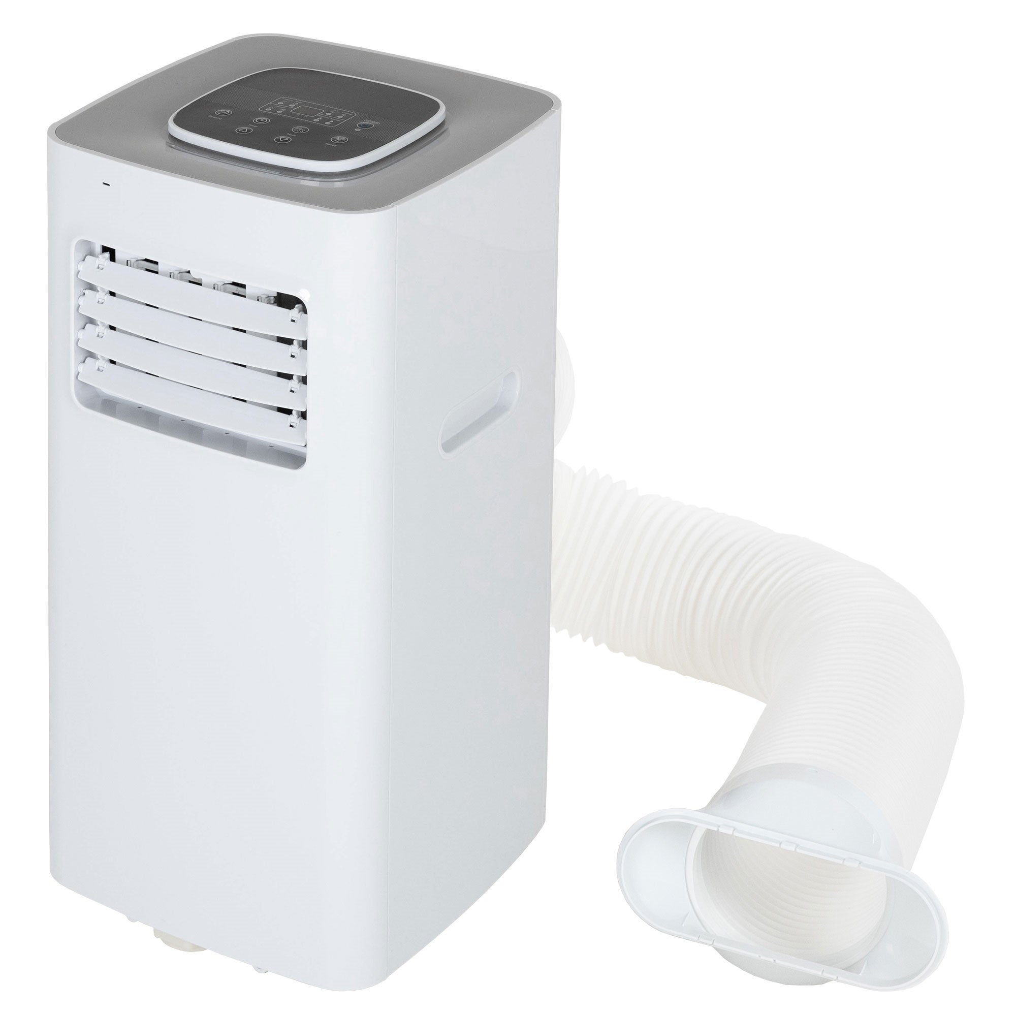 Un climatiseur portable avec un tuyau d'évacuation flexible.
