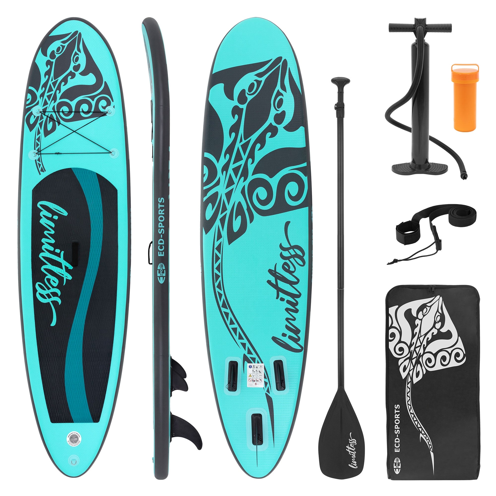 Tabla de Stand Up Paddle en turquesa con diseño, remo, bomba y bolsa de transporte.