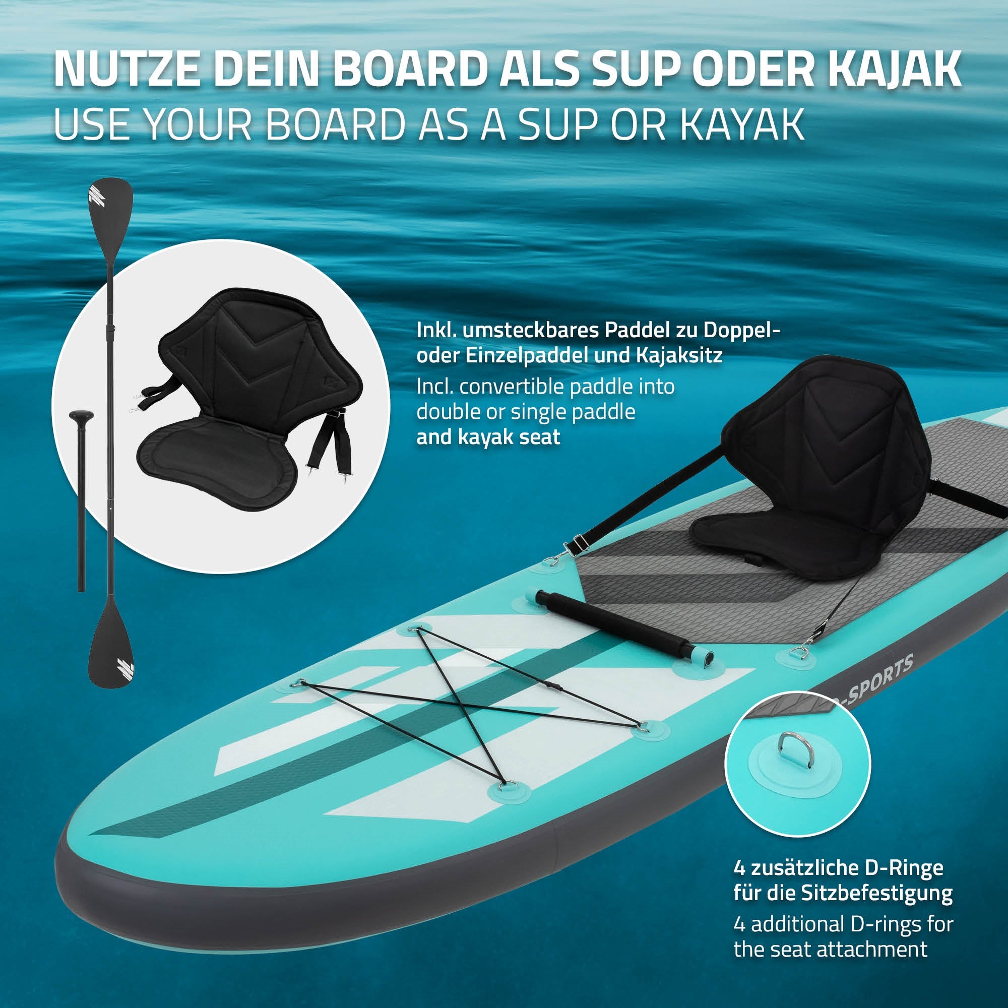 Stand-Up-Paddle-Board w kolorze turkusowym z wiosłem i opcjami siedzenia.