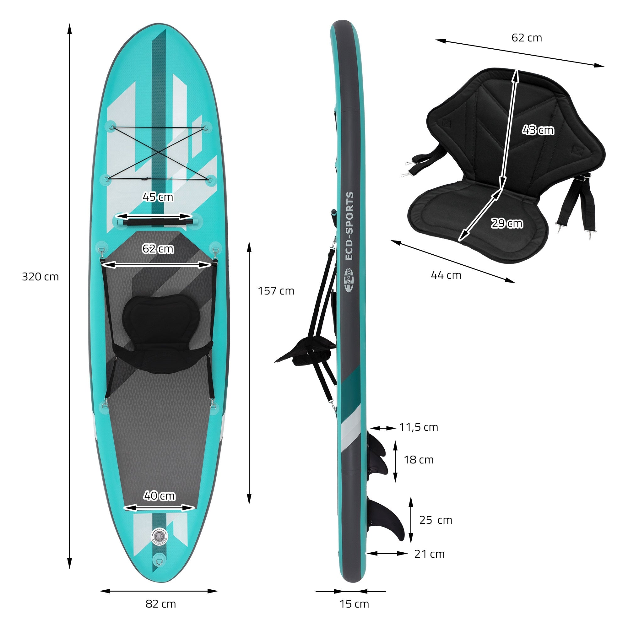Rysunek wymiarowy Stand-Up-Paddle-Board z siedziskiem i wymiarami.