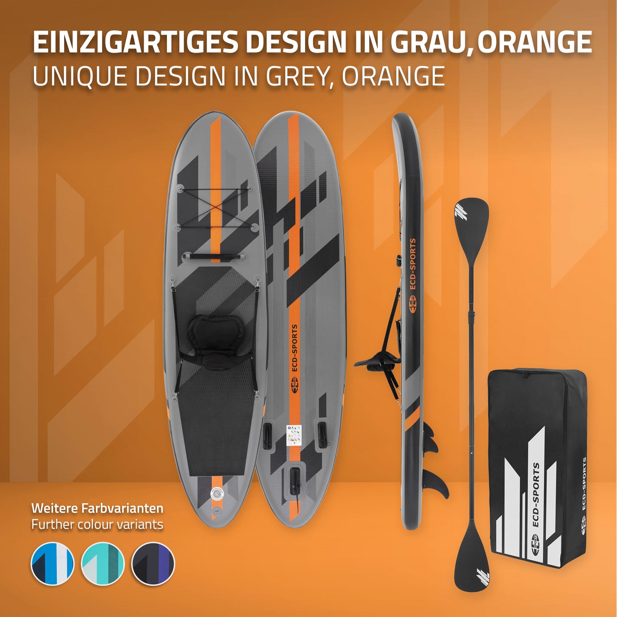 Stand-up paddleboard in gray and orange with various accessories.