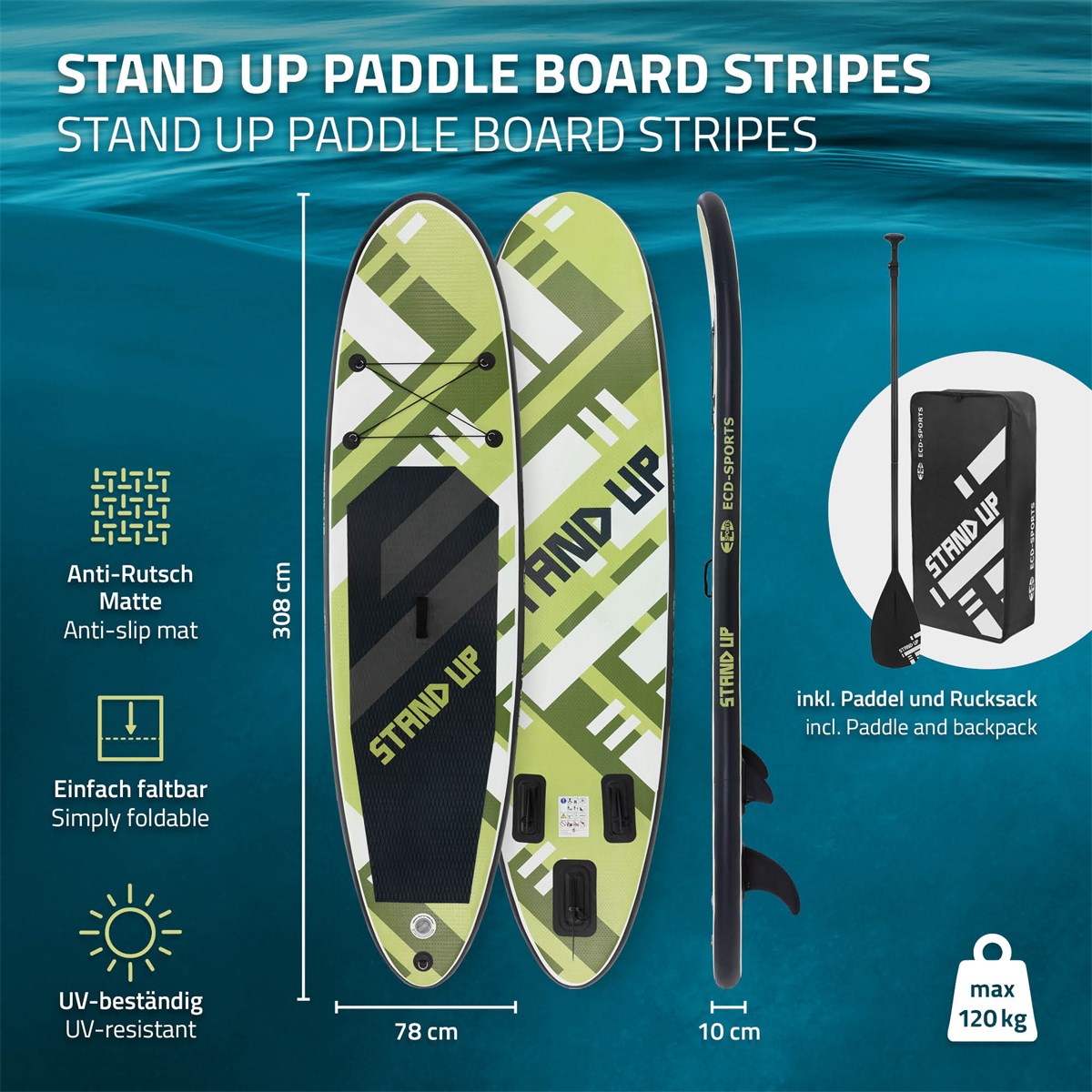 Paddleboard v zelené barvě s různými vlastnostmi a příslušenstvím.