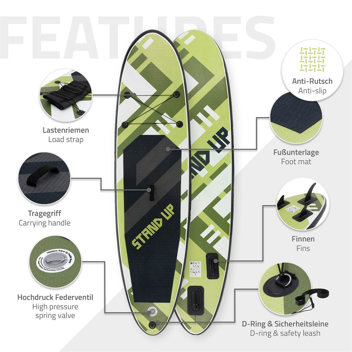 Grafika s funkcemi paddleboardu, včetně protiskluzového povrchu.