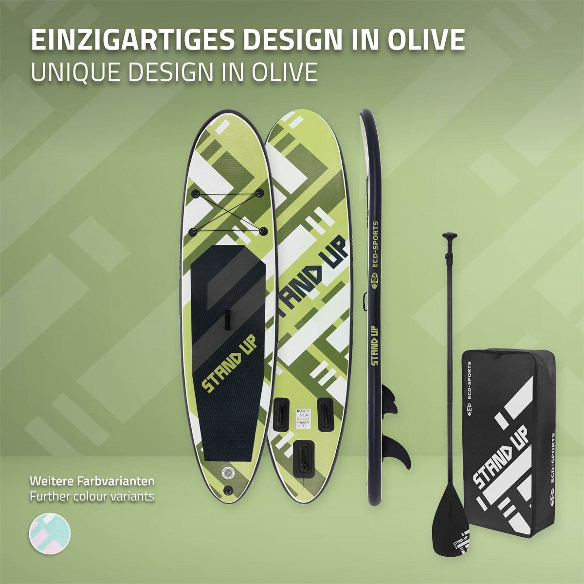 Paddleboard v olivově zelené barvě s designovými vzory a příslušenstvím.