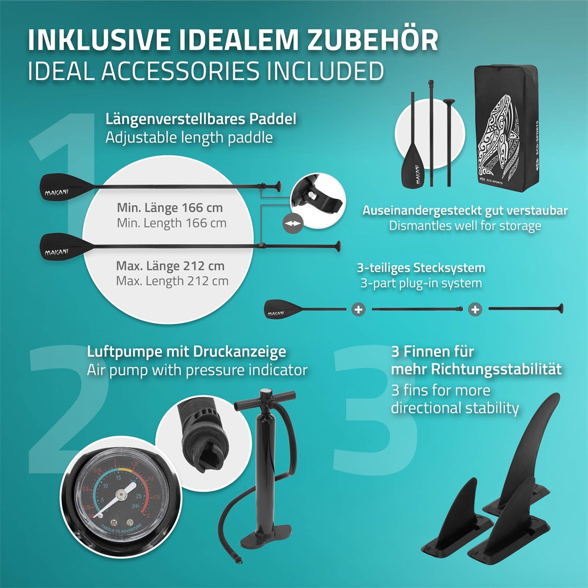 Zubehör für Stand-Up-Paddle-Board: verstellbares Paddel, Luftpum