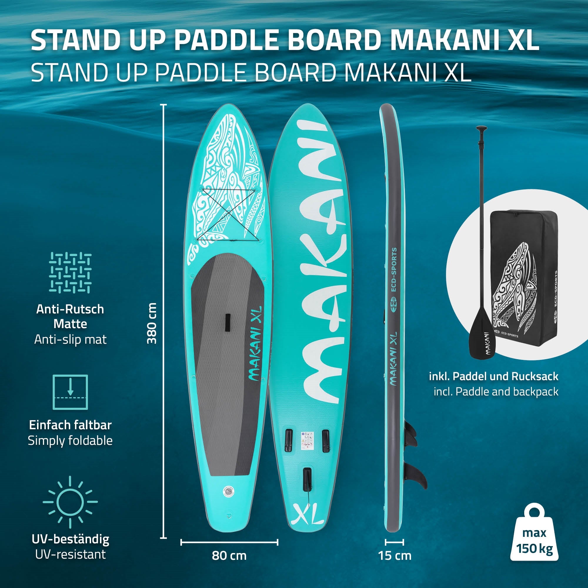 Kék Makani XL álló paddle board műszaki részletekkel és kiegészítőkkel.