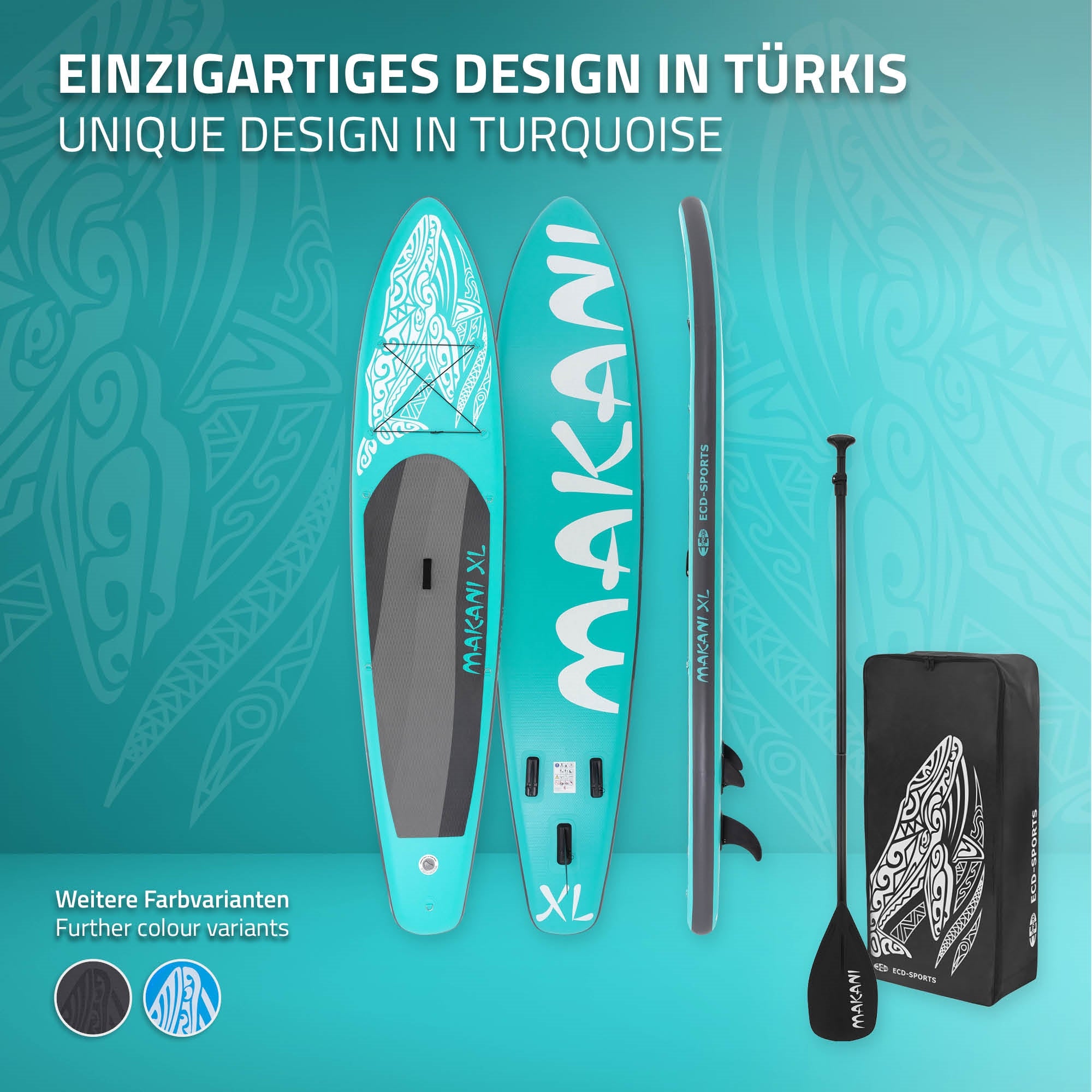 Türkiz színű Stand-Up-Paddle-Board egyedi dizájnnal.