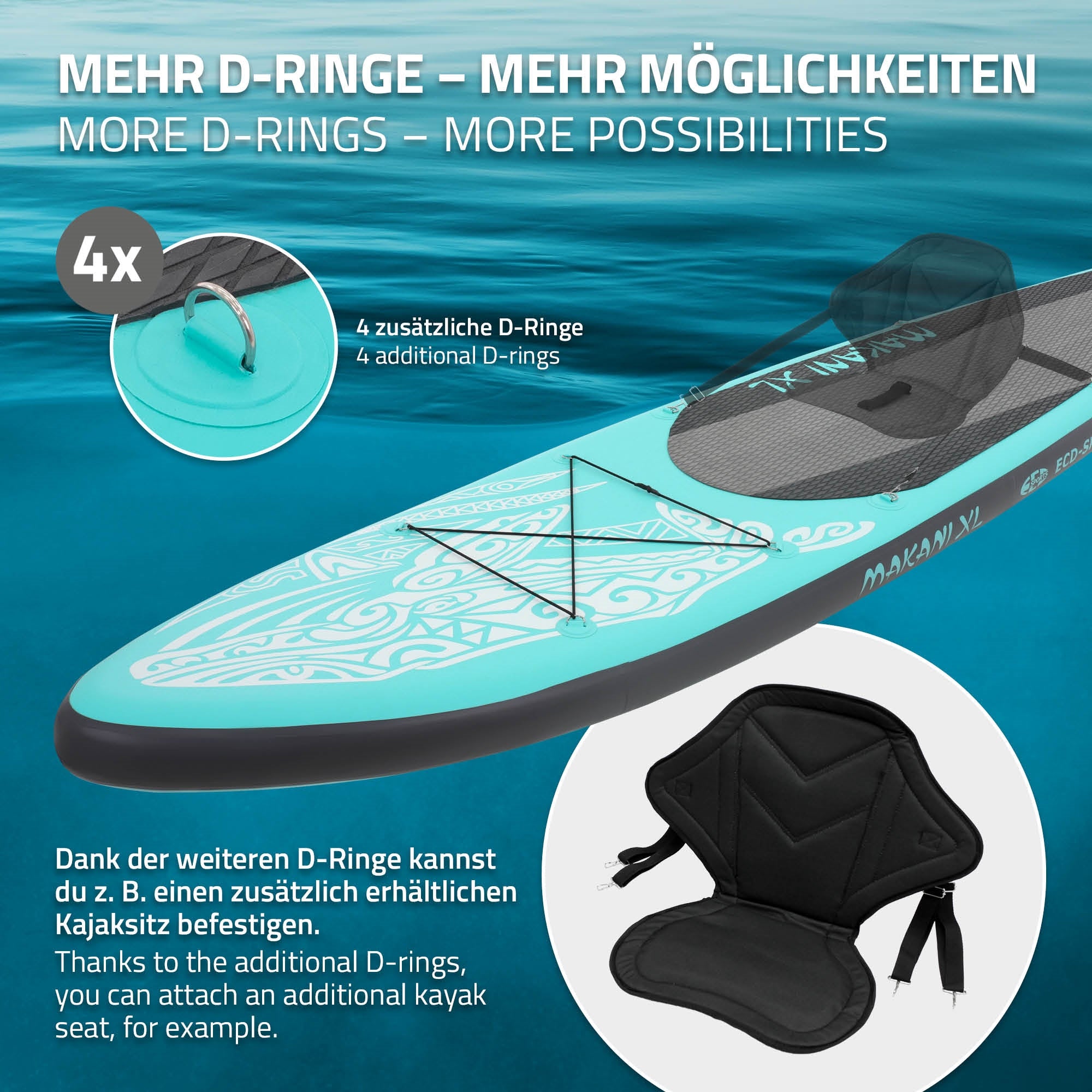 Stand-Up-Paddleboard D-gyűrűkkel és ülési lehetőséggel, türkiz dizájn.