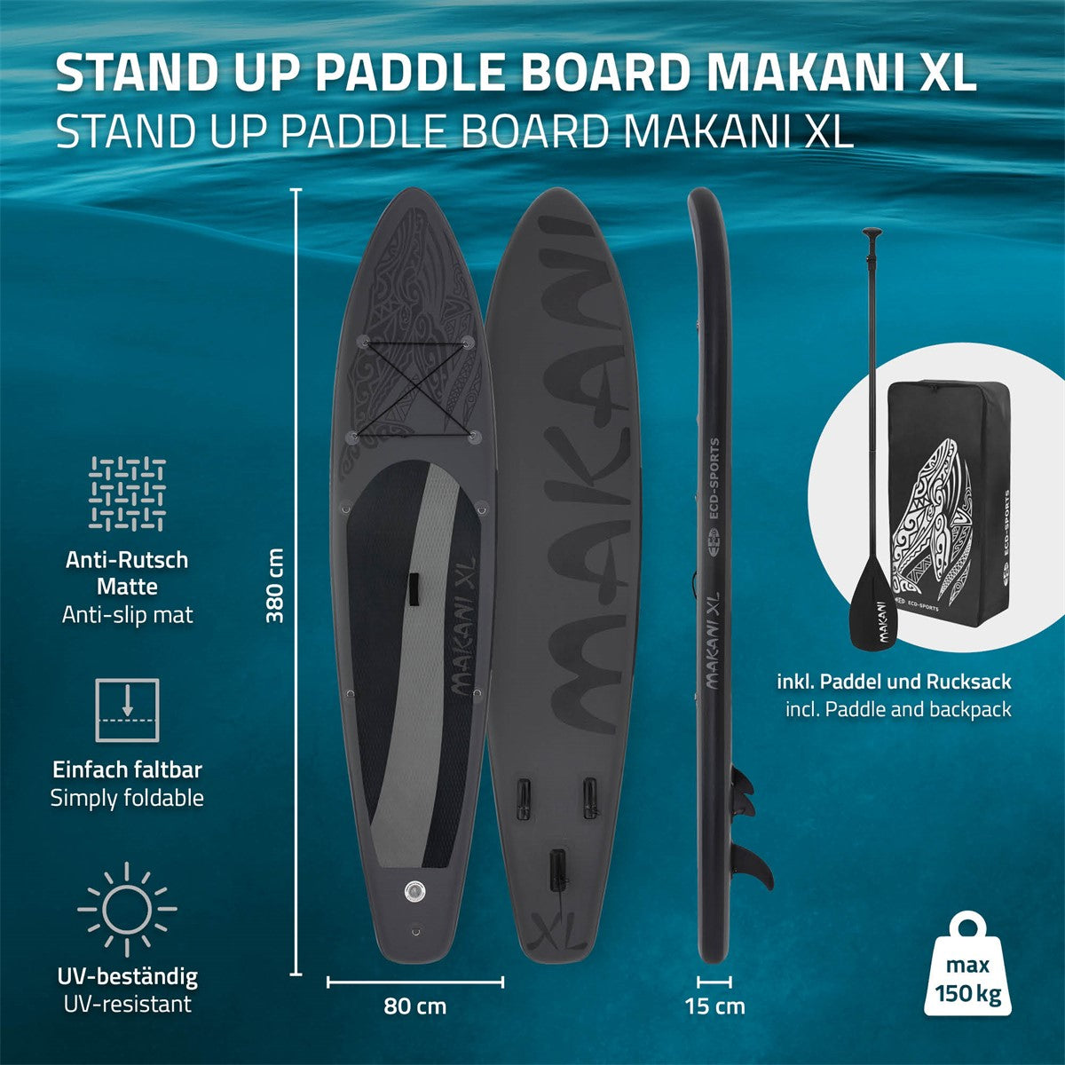 Stand Up Paddle Board Makani XL, Maße und Details, schwarz, auf 