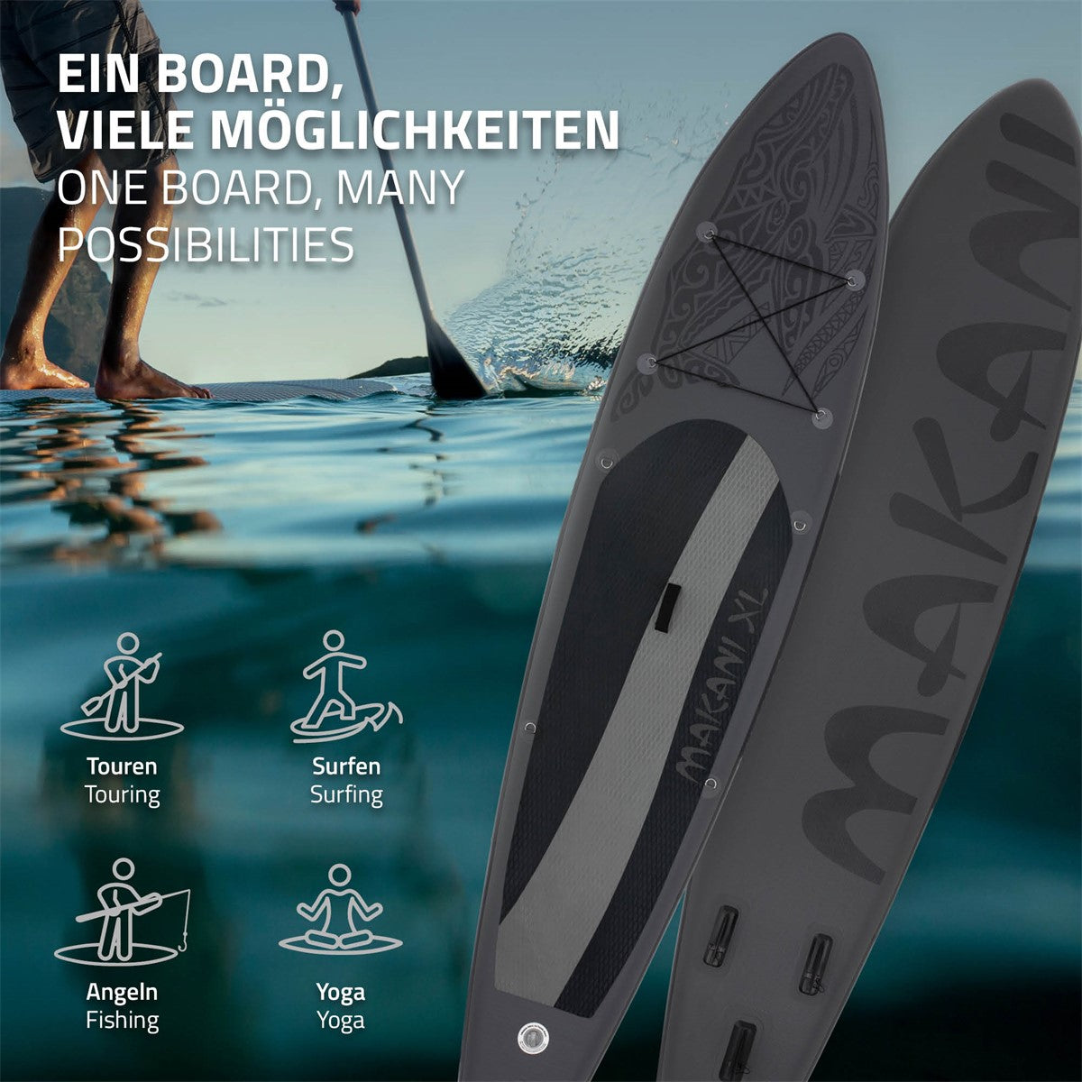 Két Stand-Up-Paddle-Board vízen, különböző szimbólumokkal