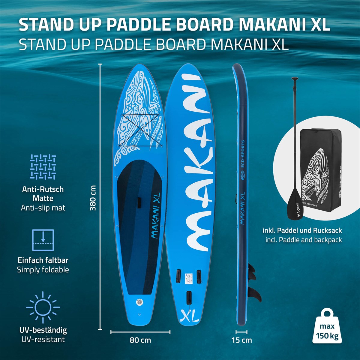 Stand-Up-Paddle-Board in Blau mit verschiedenen Merkmalen und Zu