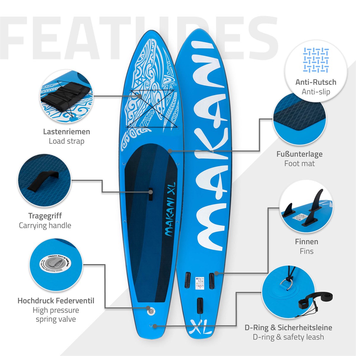 Blaues Stand-Up-Paddle-Board mit verschiedenen Merkmalen und Bes