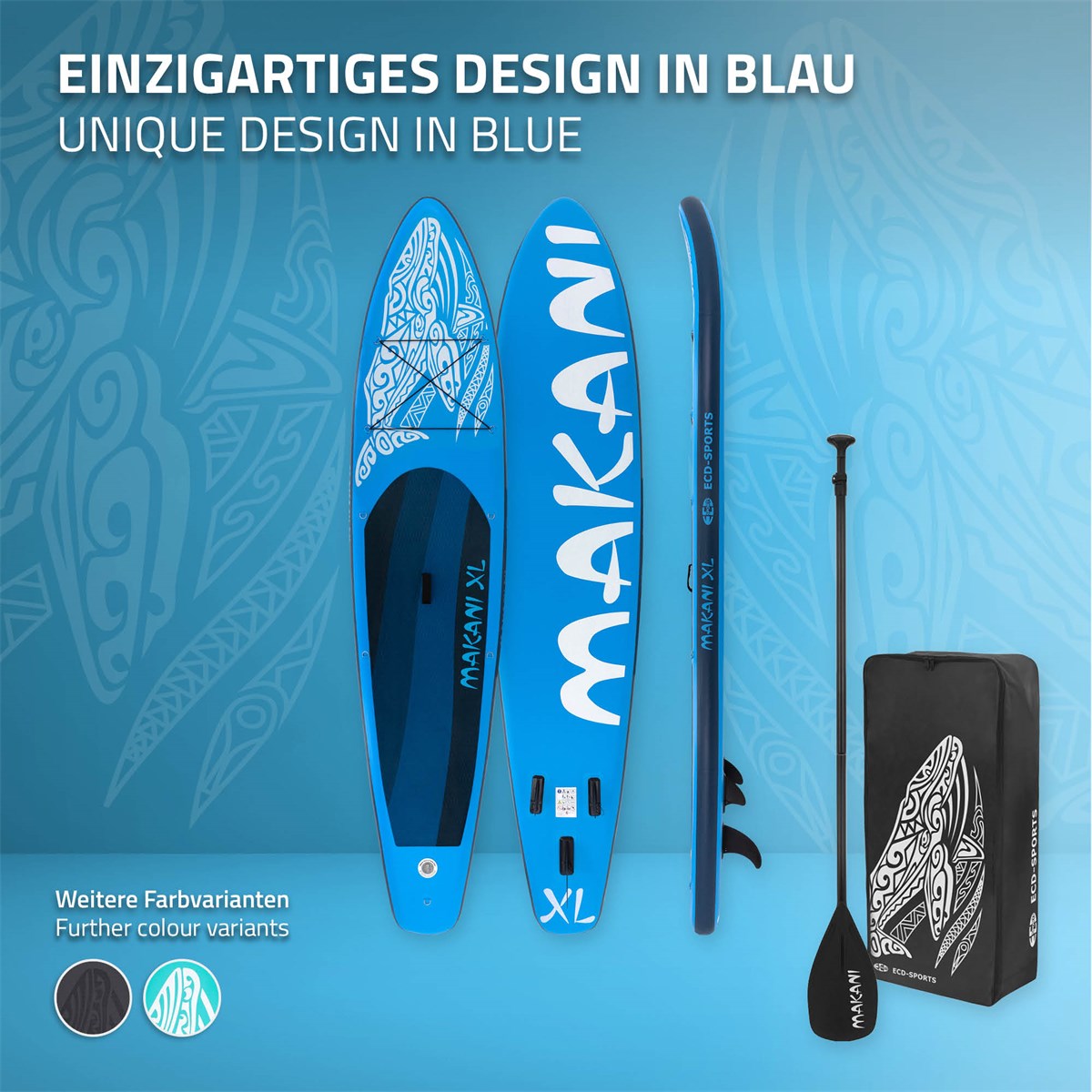 Blaues Stand-Up-Paddle-Board mit Paddel und Tragetasche.