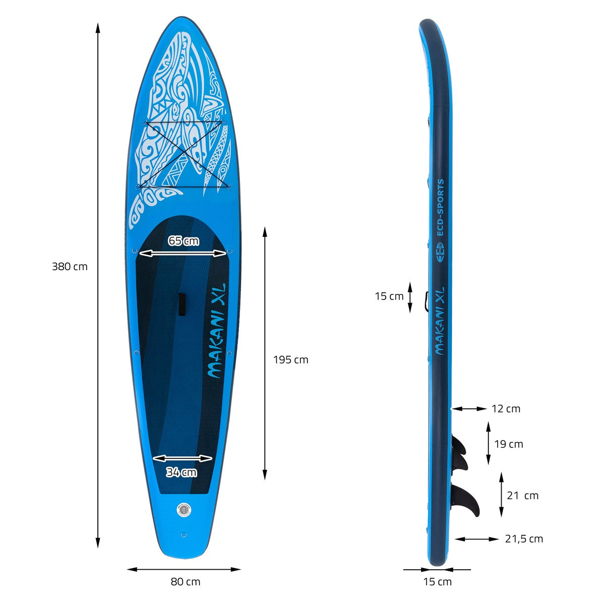Blaues Stand-Up-Paddleboard mit Maßen und Designansicht.