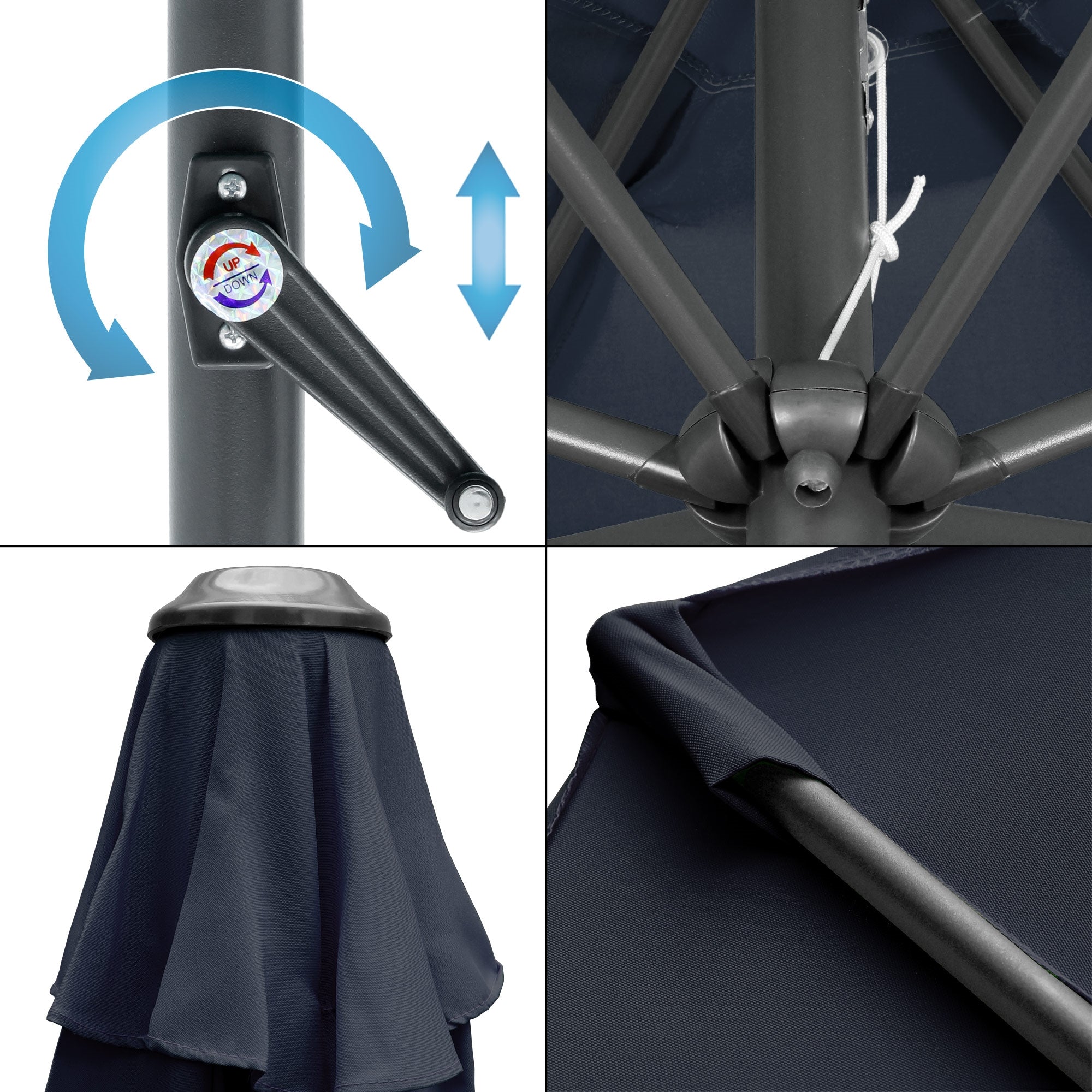 Différentes vues d'un parasol avec mécanisme de rétraction.
