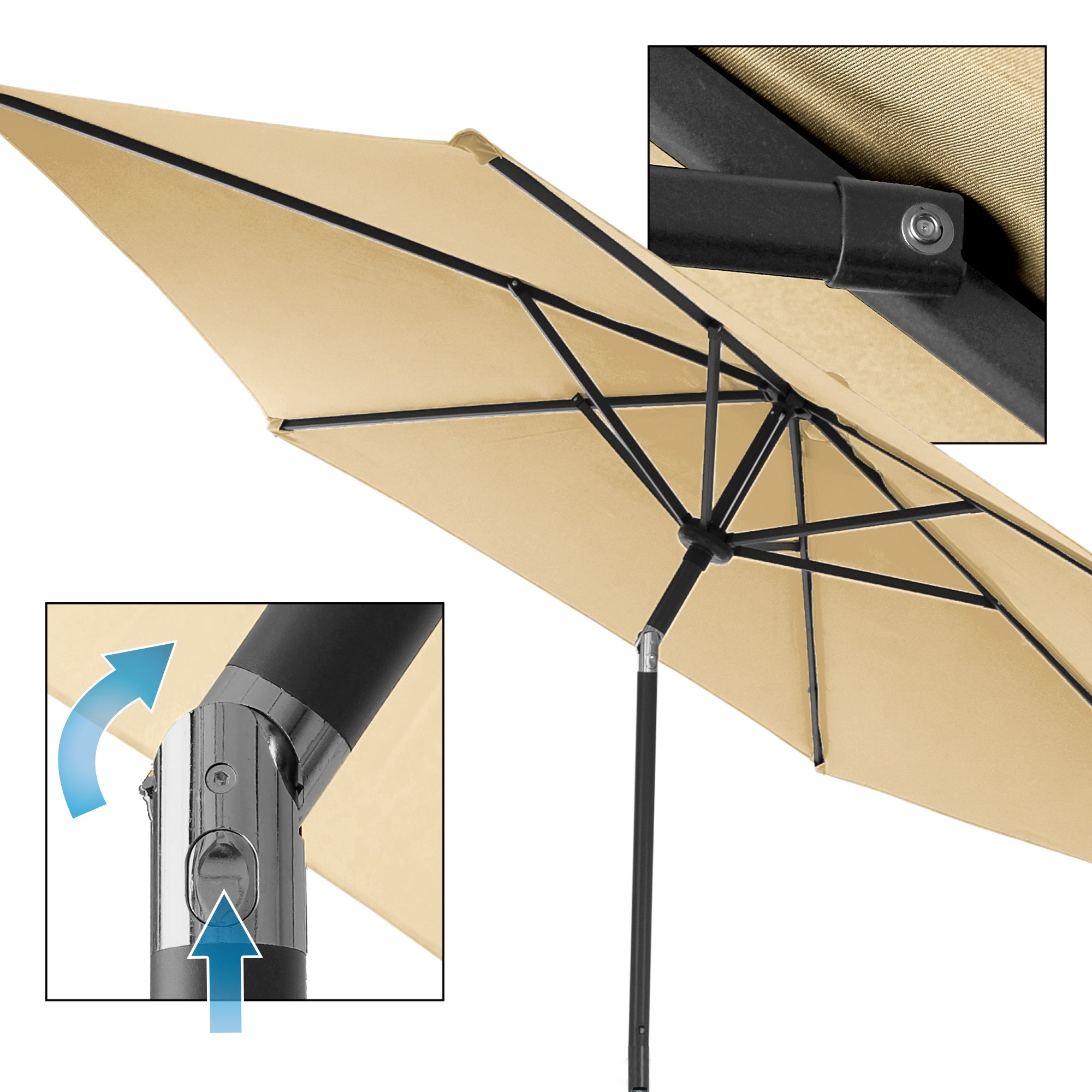Detailní pohled na slunečník s mechanismem pro nastavení sklonu.