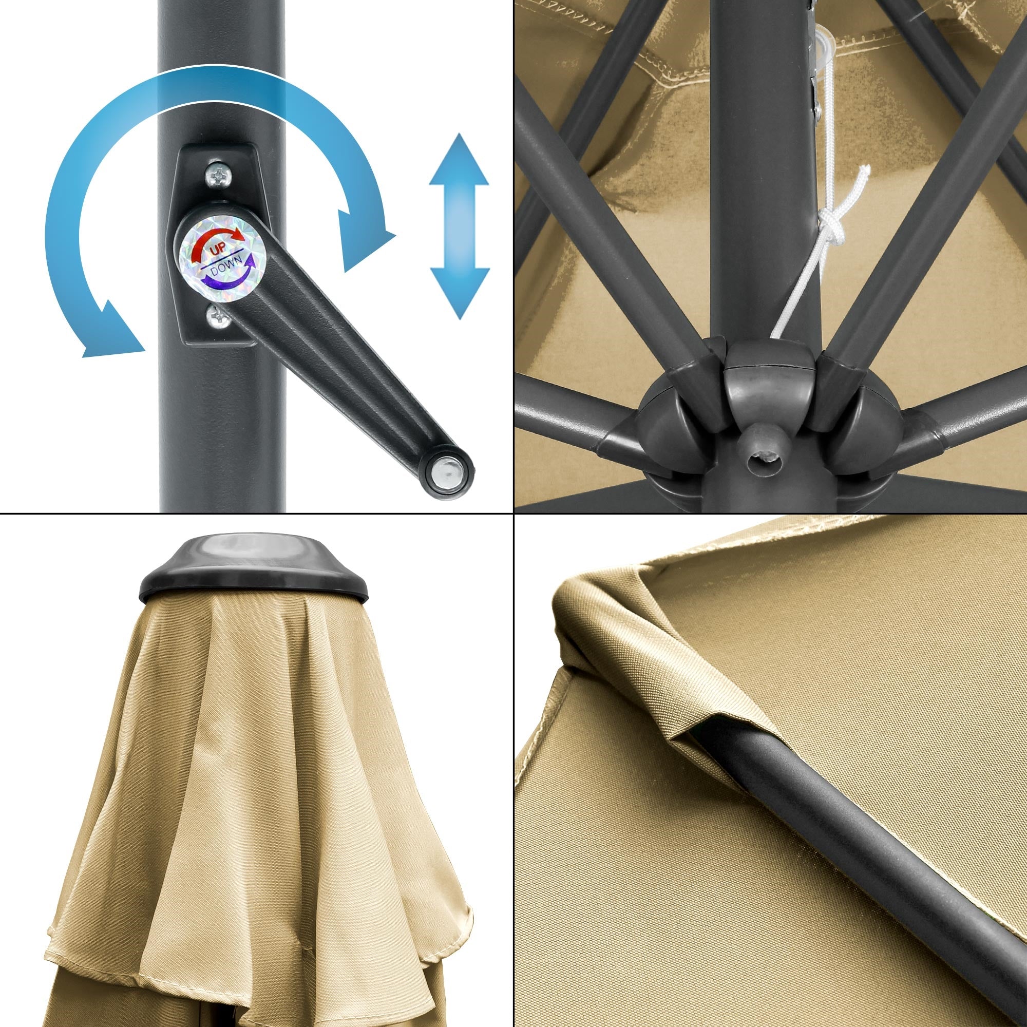 Detailní pohled na slunečník s kličkovým mechanismem a textilním potahem.