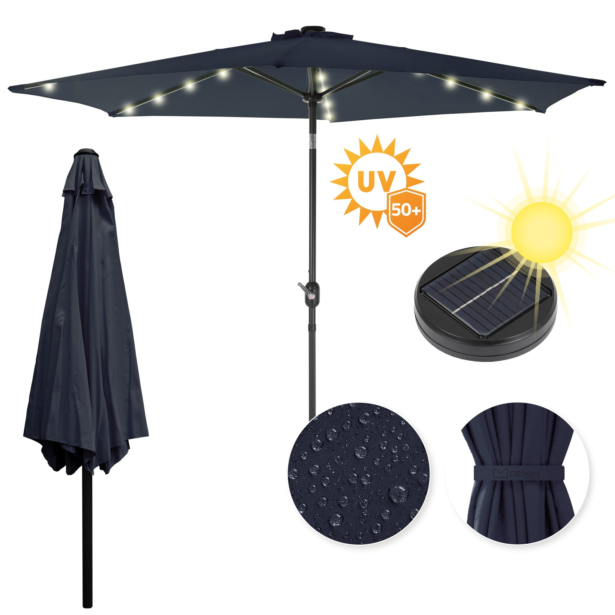 Dark blue parasol with LED lighting and UV protection.