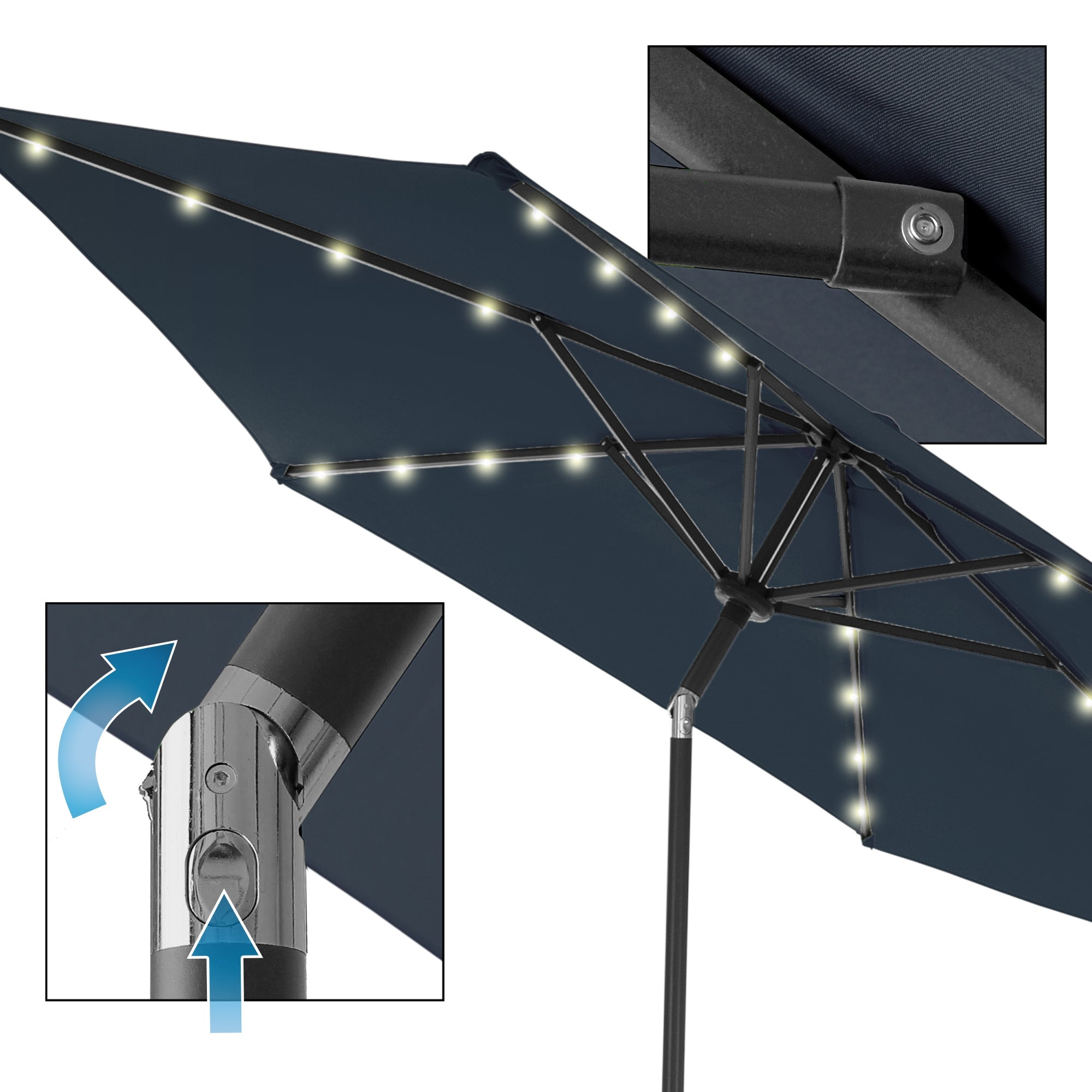 Detail view of a parasol with lights and mechanism.