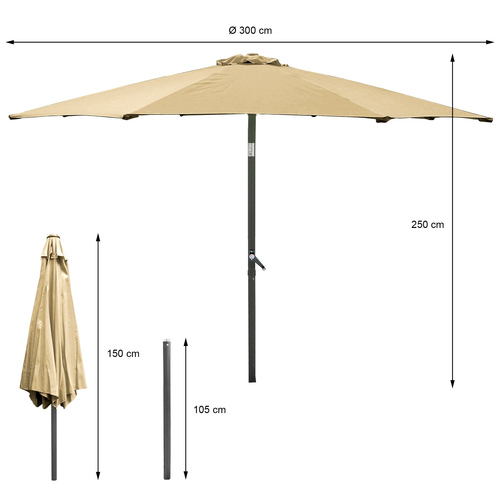 Parasol with measurements and folded cover.