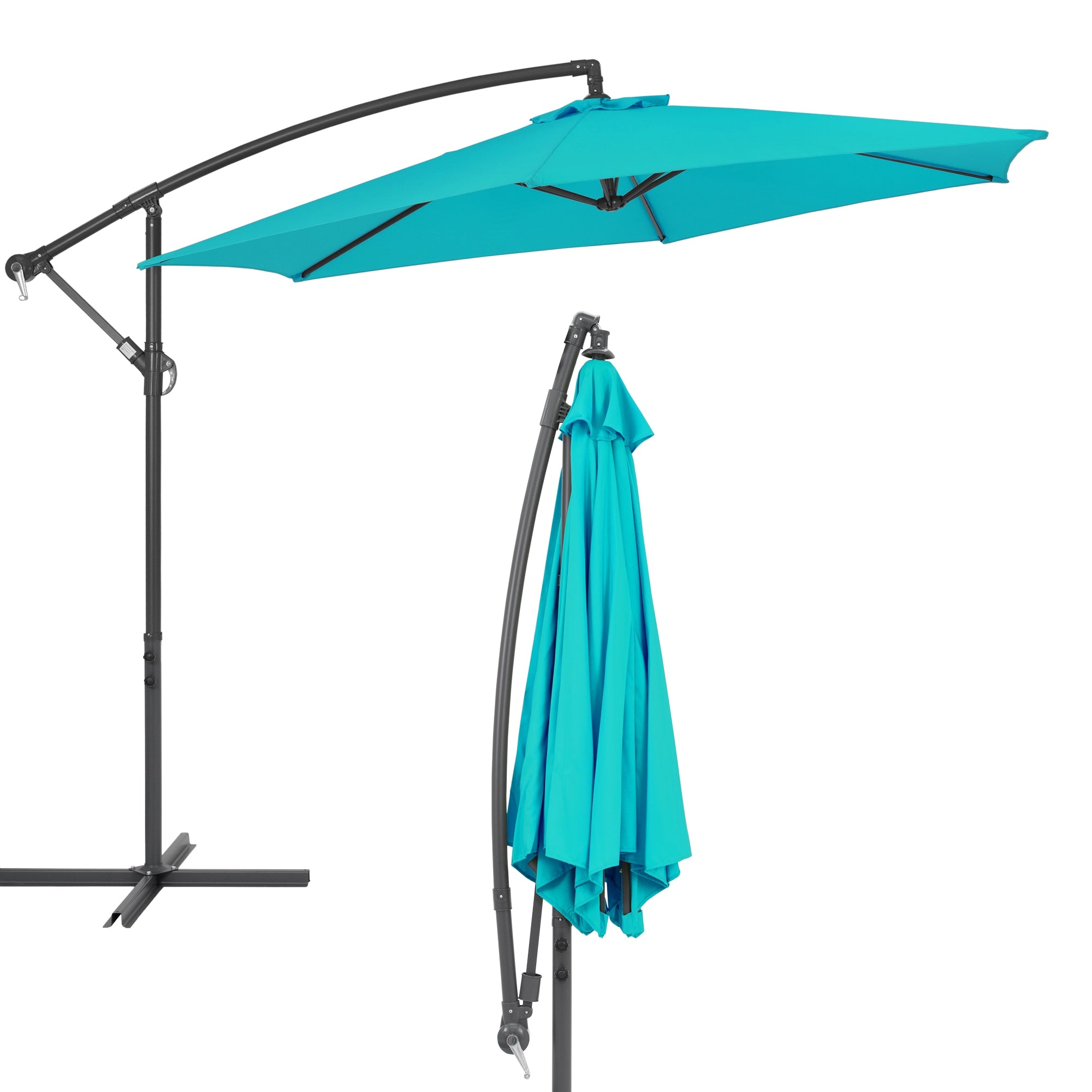 Parasol turquoise avec housse amovible et support.