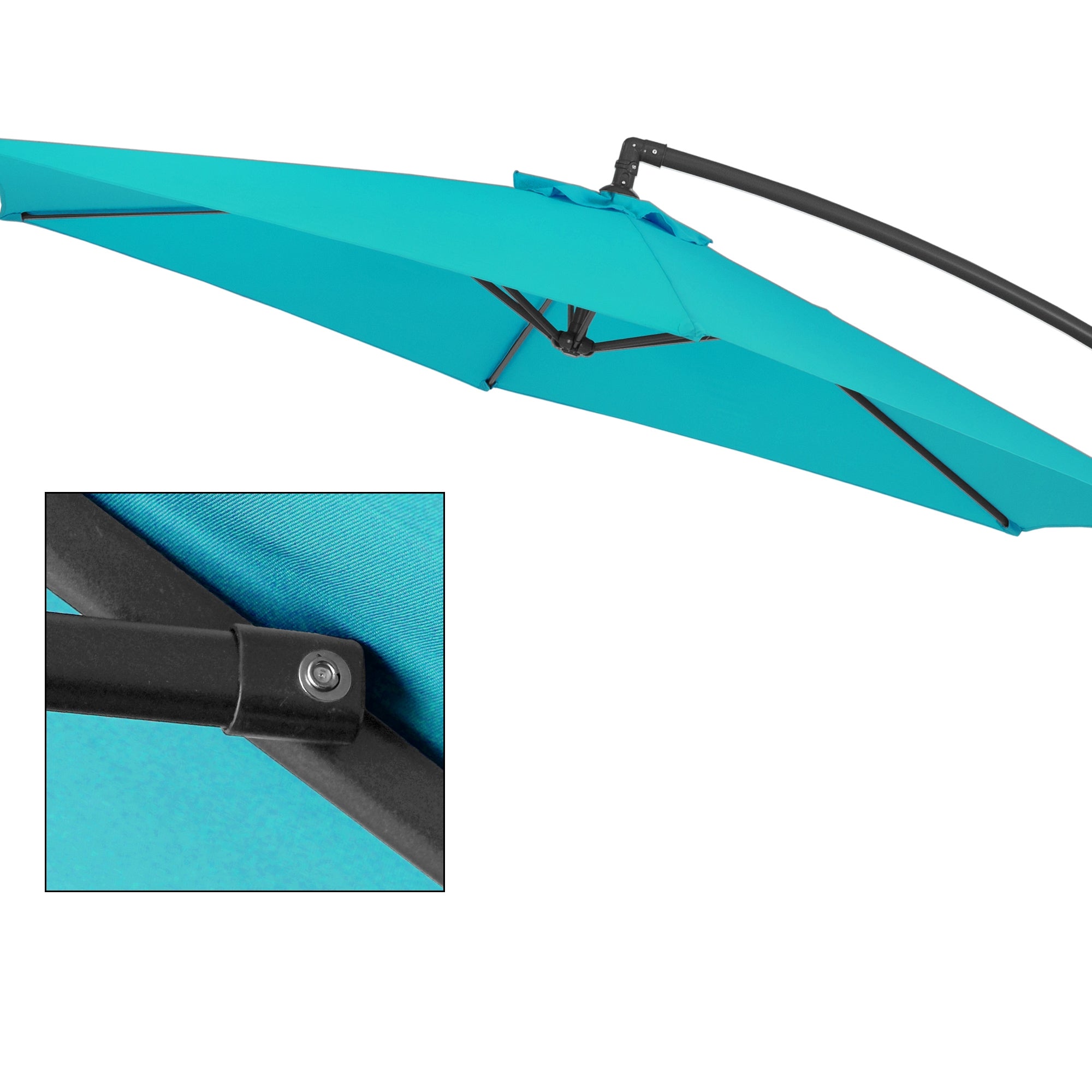 Vue détaillée d'un parasol bleu avec une structure stable.