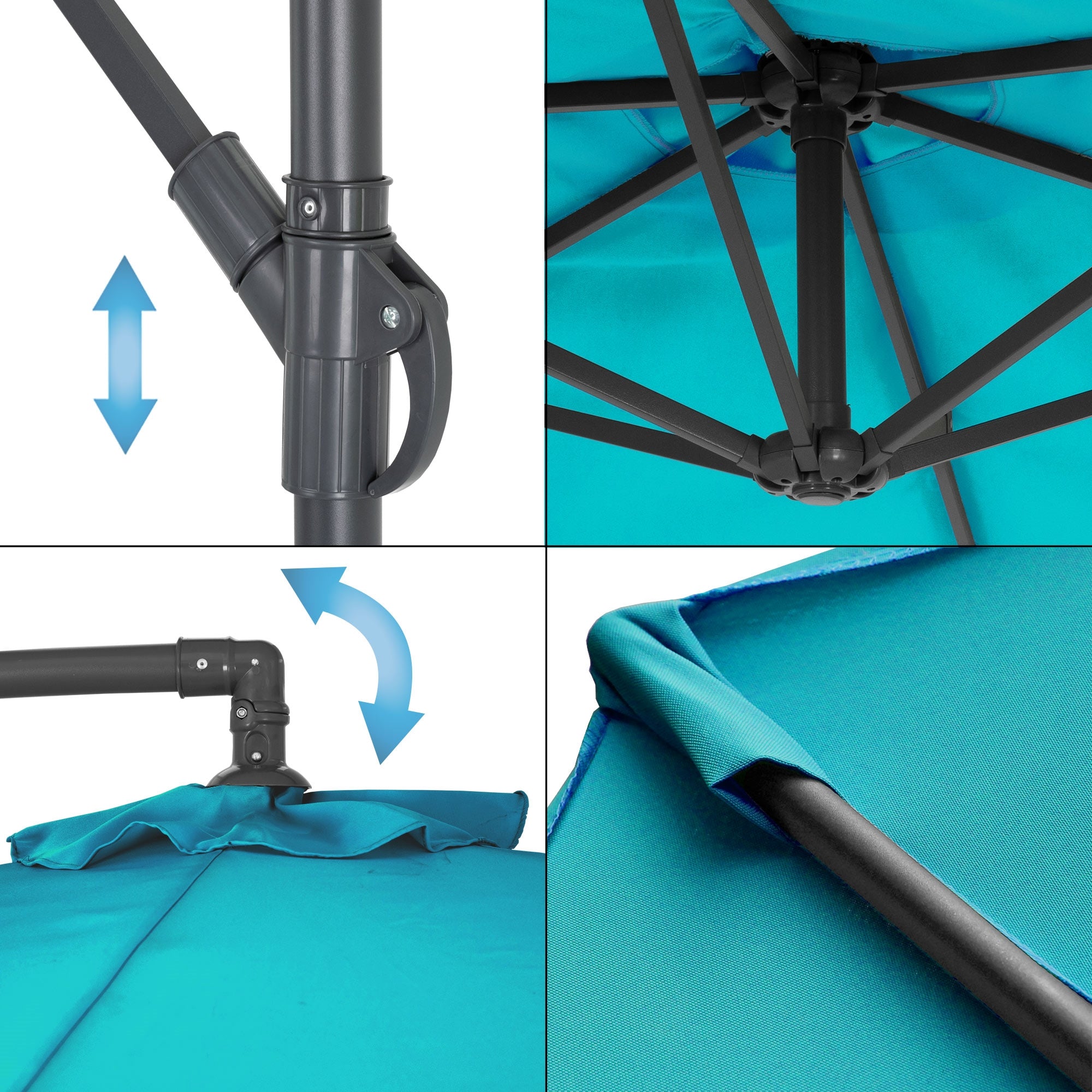 Vue détaillée d'un parasol avec mécanisme d'ouverture et de fermeture.
