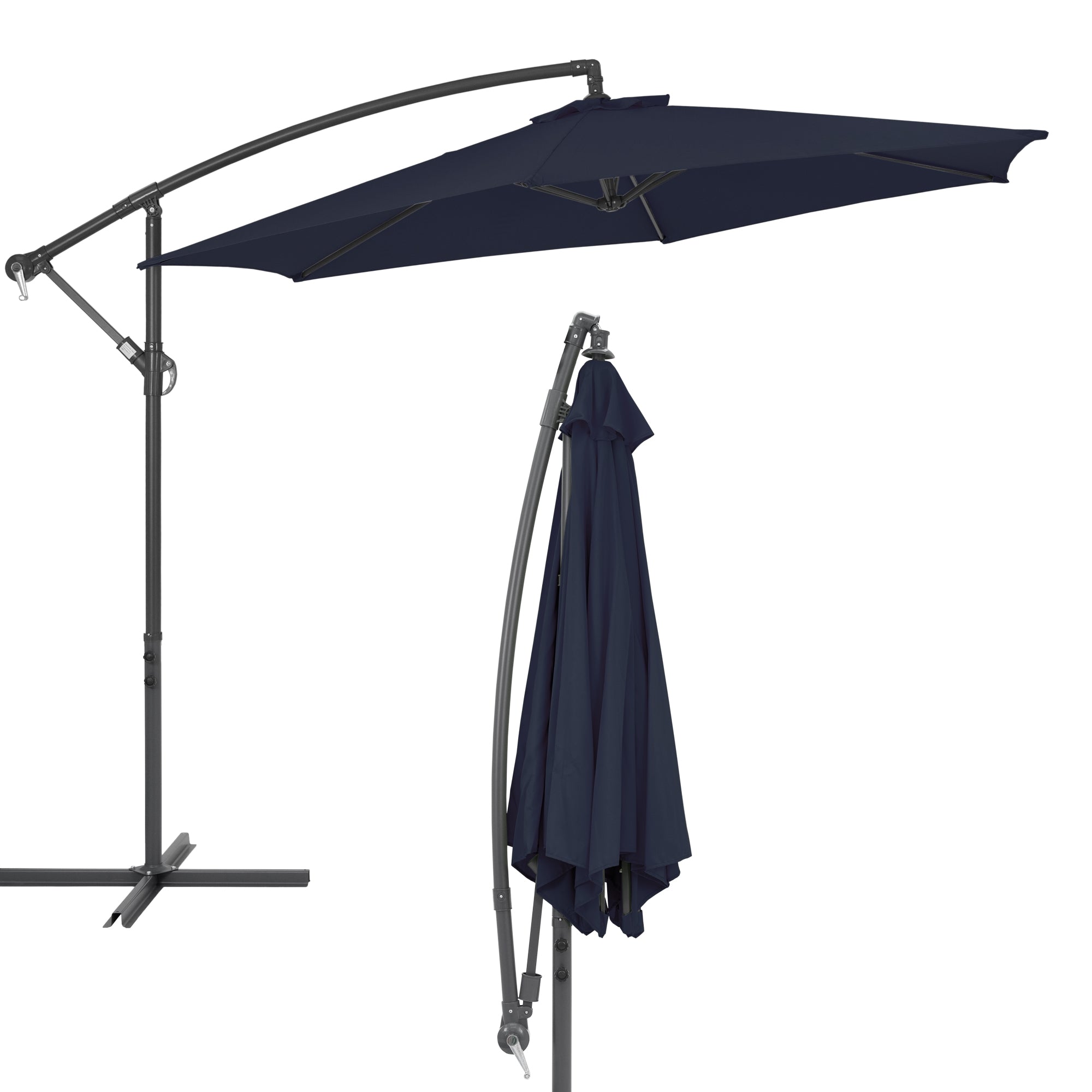 A dark blue parasol standing on a frame.