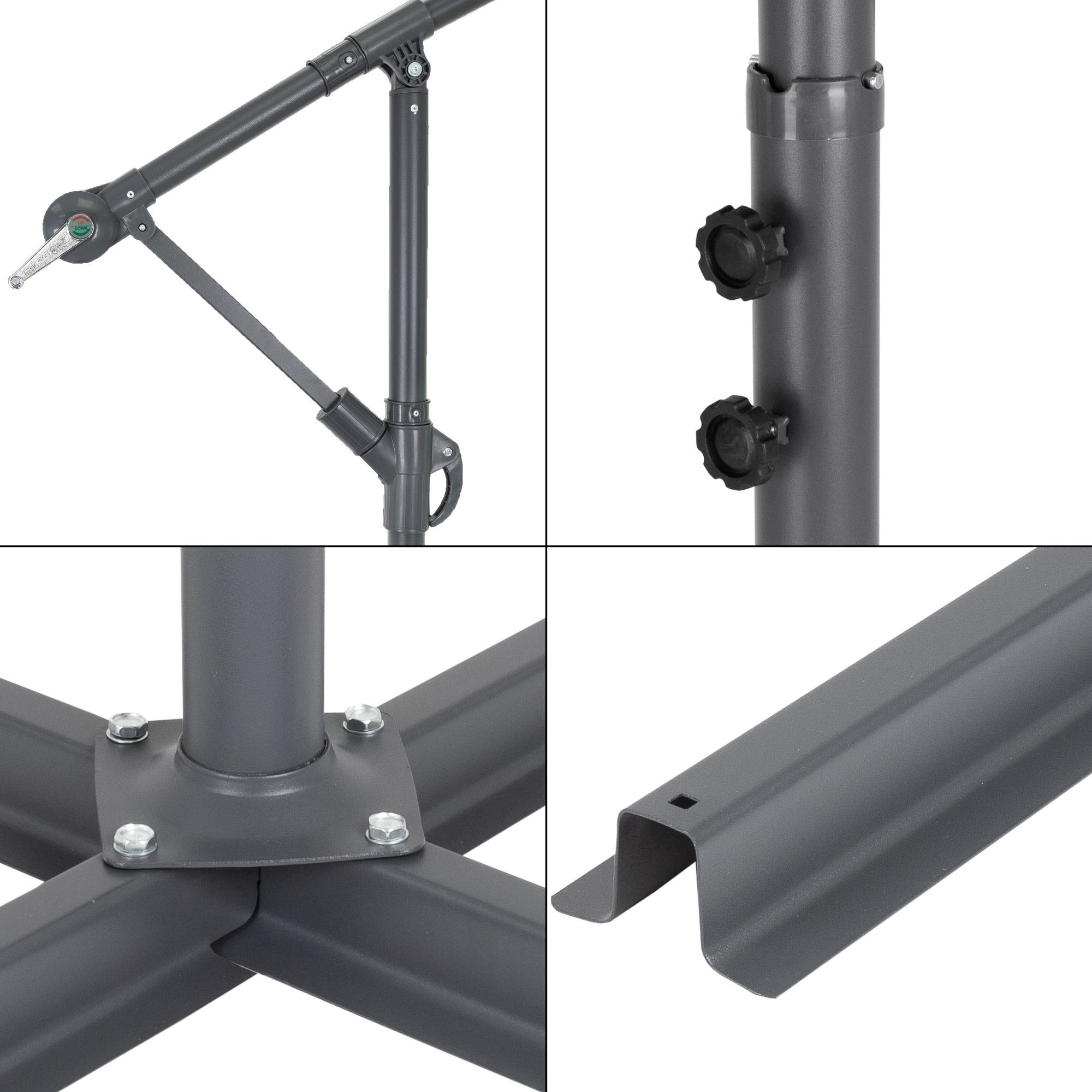 Close-up view of a gray parasol frame with screws and adjustment mechanism.