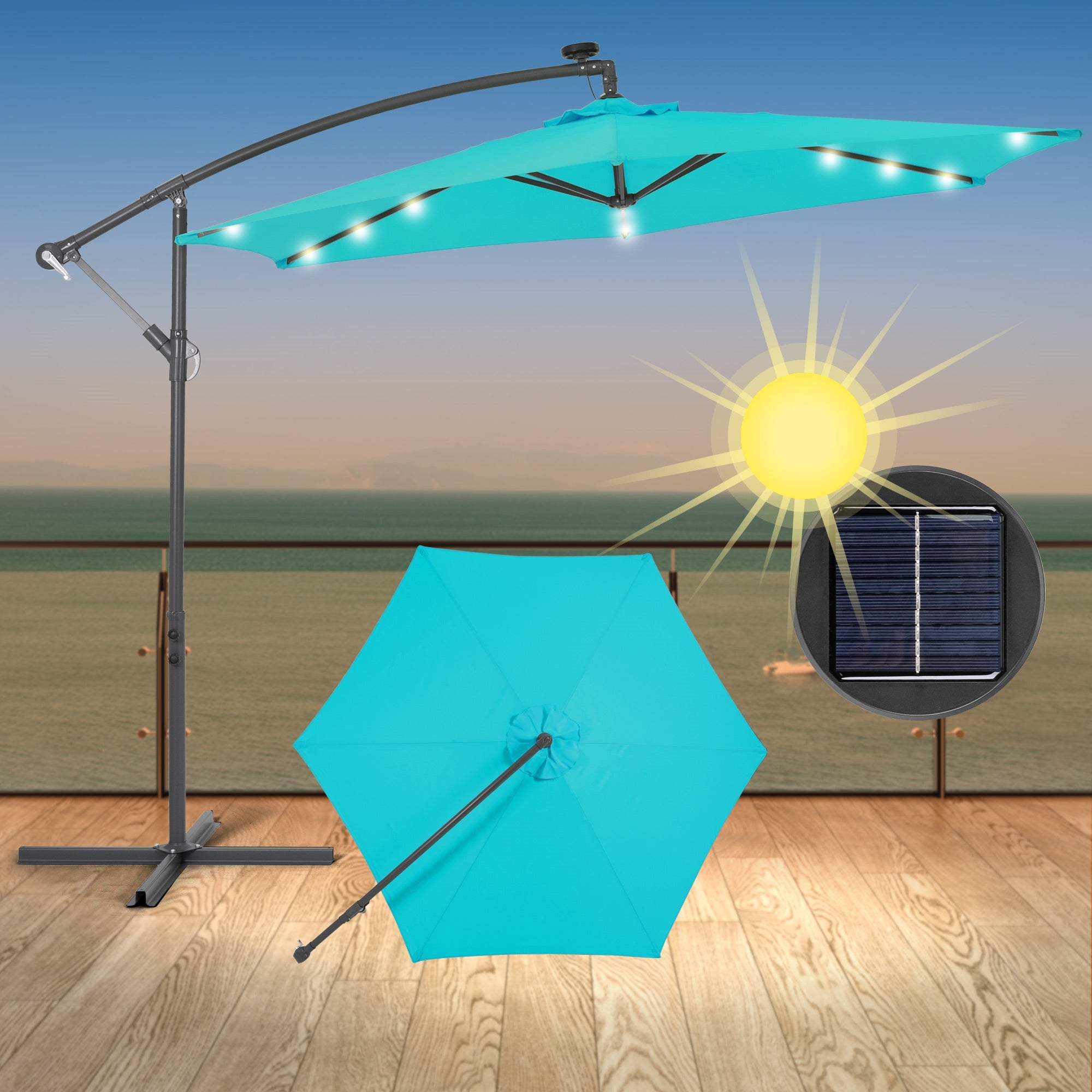 Sonnenschirm in Türkis mit LED-Beleuchtung und Solarpanel, auf einem Balkon.