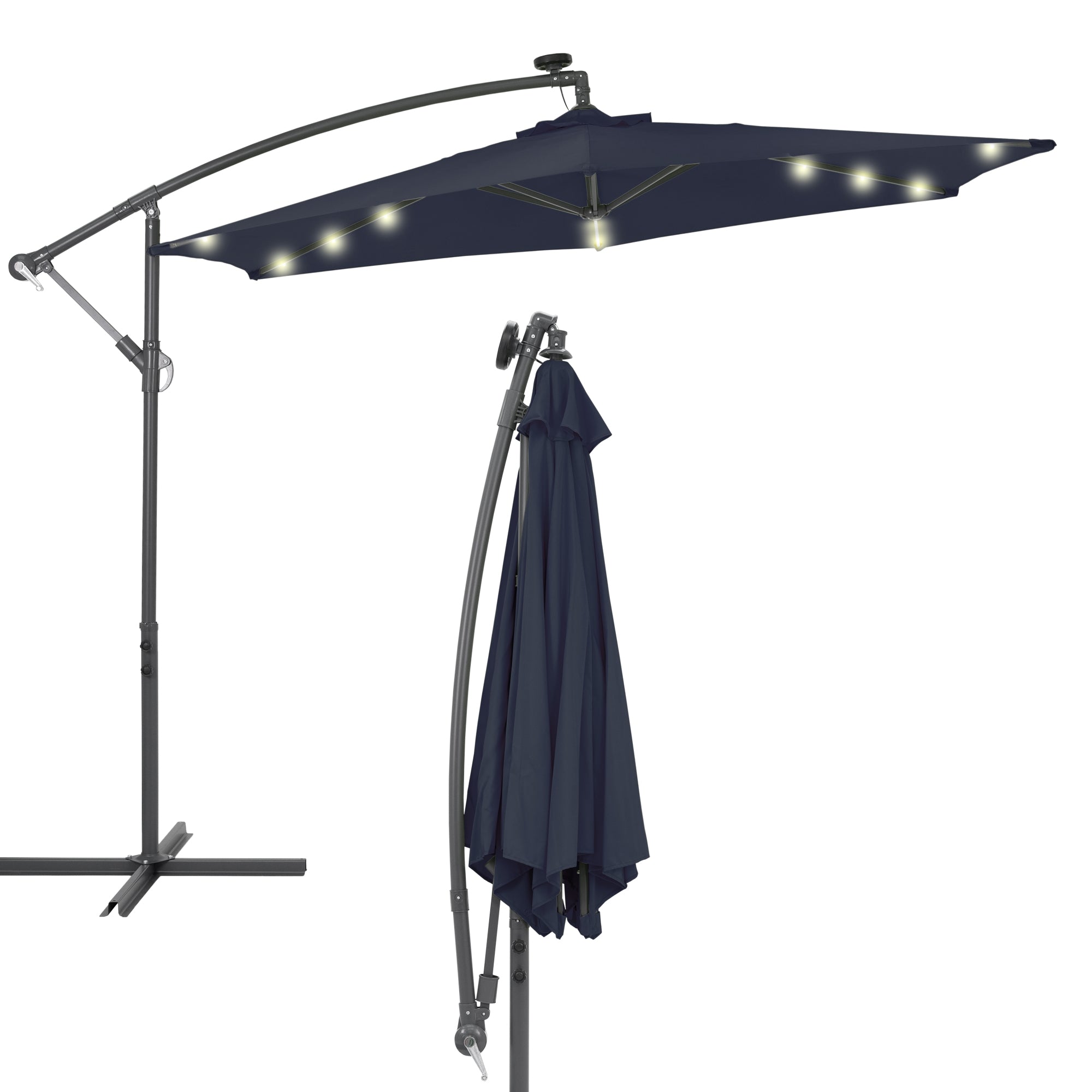 Dunkelblauer Sonnenschirm mit LED-Beleuchtung, zusammengeklappt am Gestell.