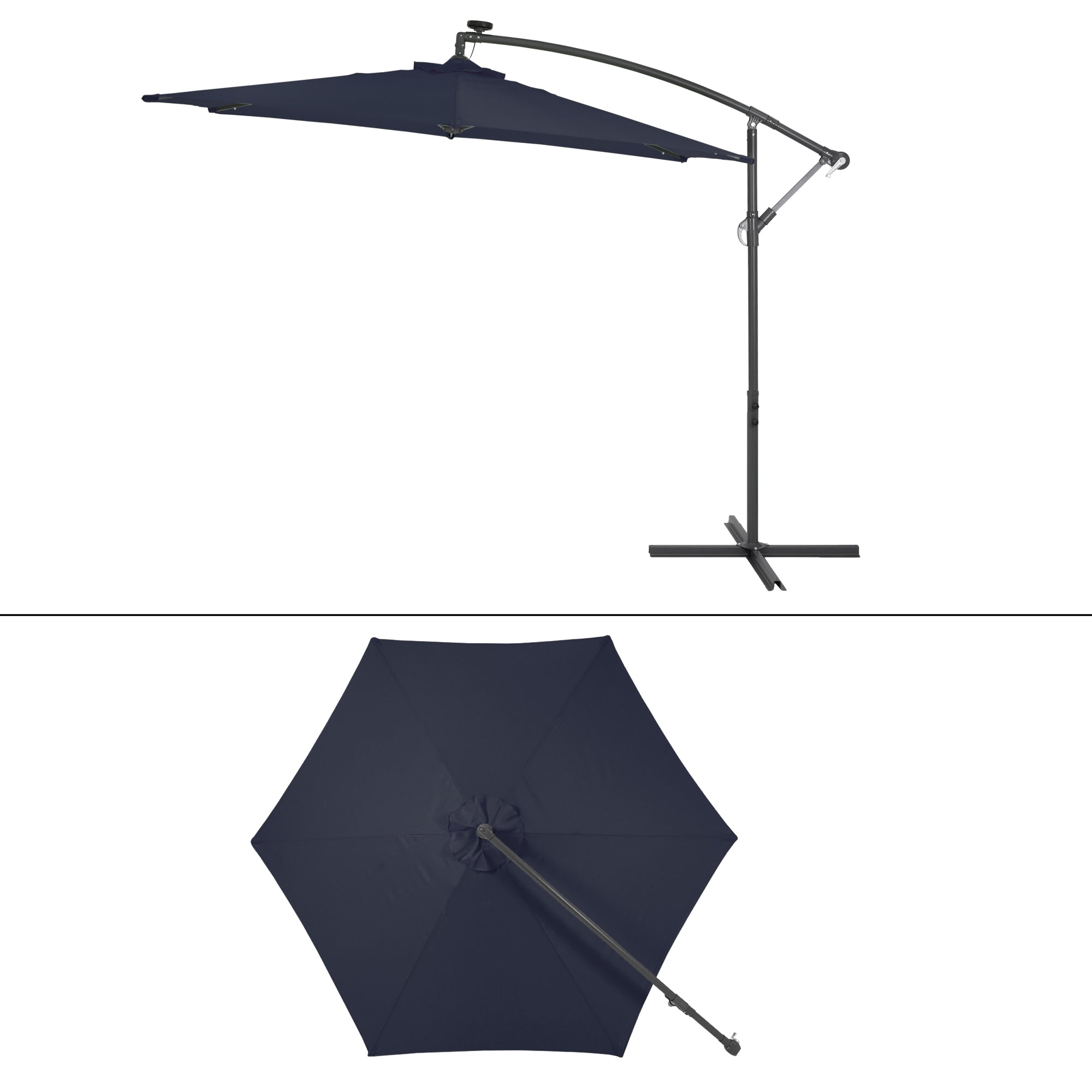 Dunkelblauer Sonnenschirm, geöffnet und geschlossen, mit Metallgestell.